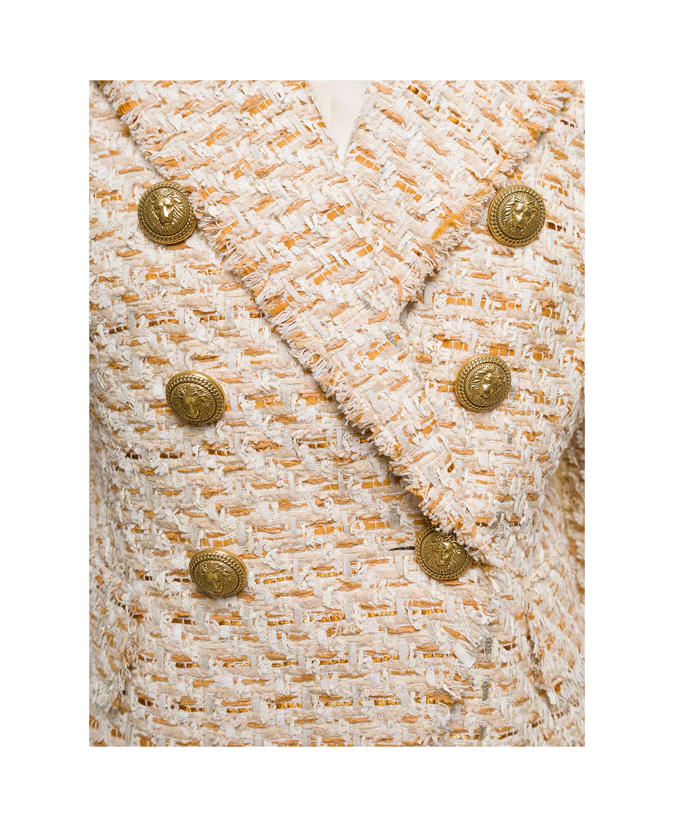 Balmain Beige Double-breasted Jacket With Gold-colored Branded Buttons In Tweed Woman - Beige