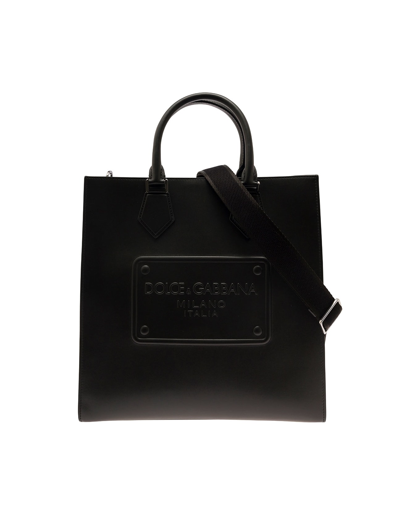 Dolce & Gabbana Black Tote Bag With Raised Tonal Logo Tag In Leather Man - Black