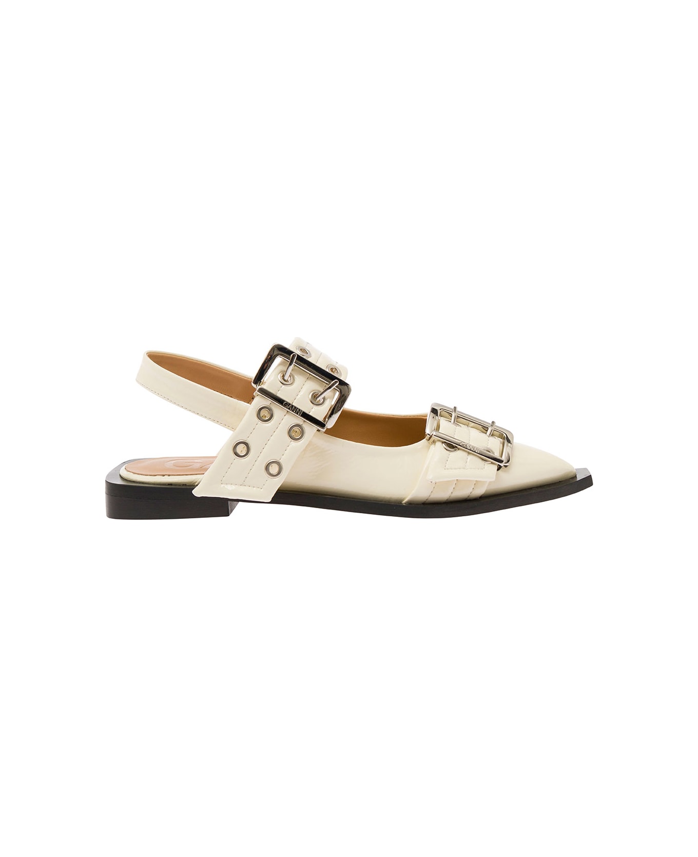 Ganni White Slingback Ballet Flats With Chunky Buckle In Recycled Polyester Blend Woman - White