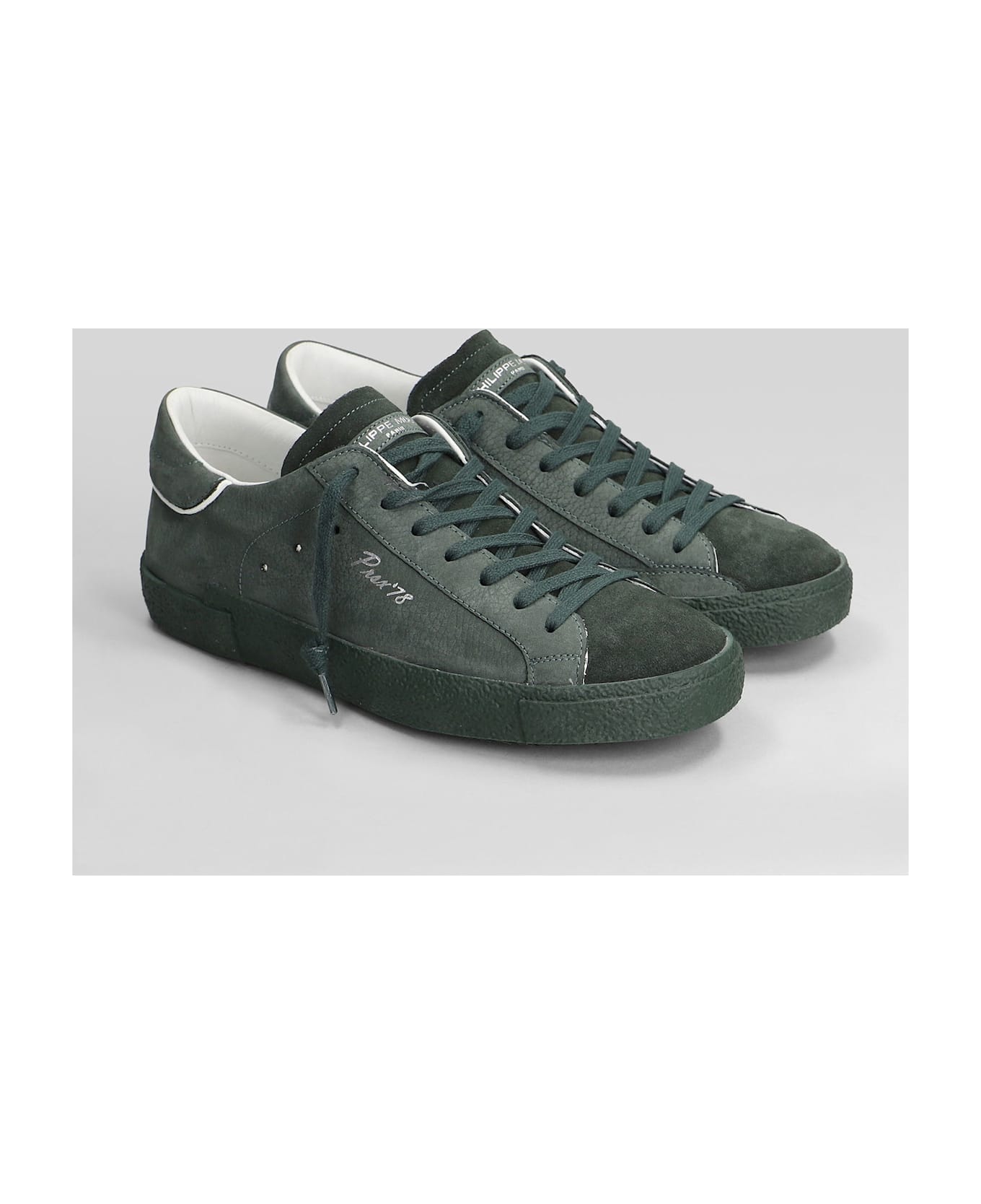 Philippe Model Prsx Low Sneakers In Green Suede And Leather - green