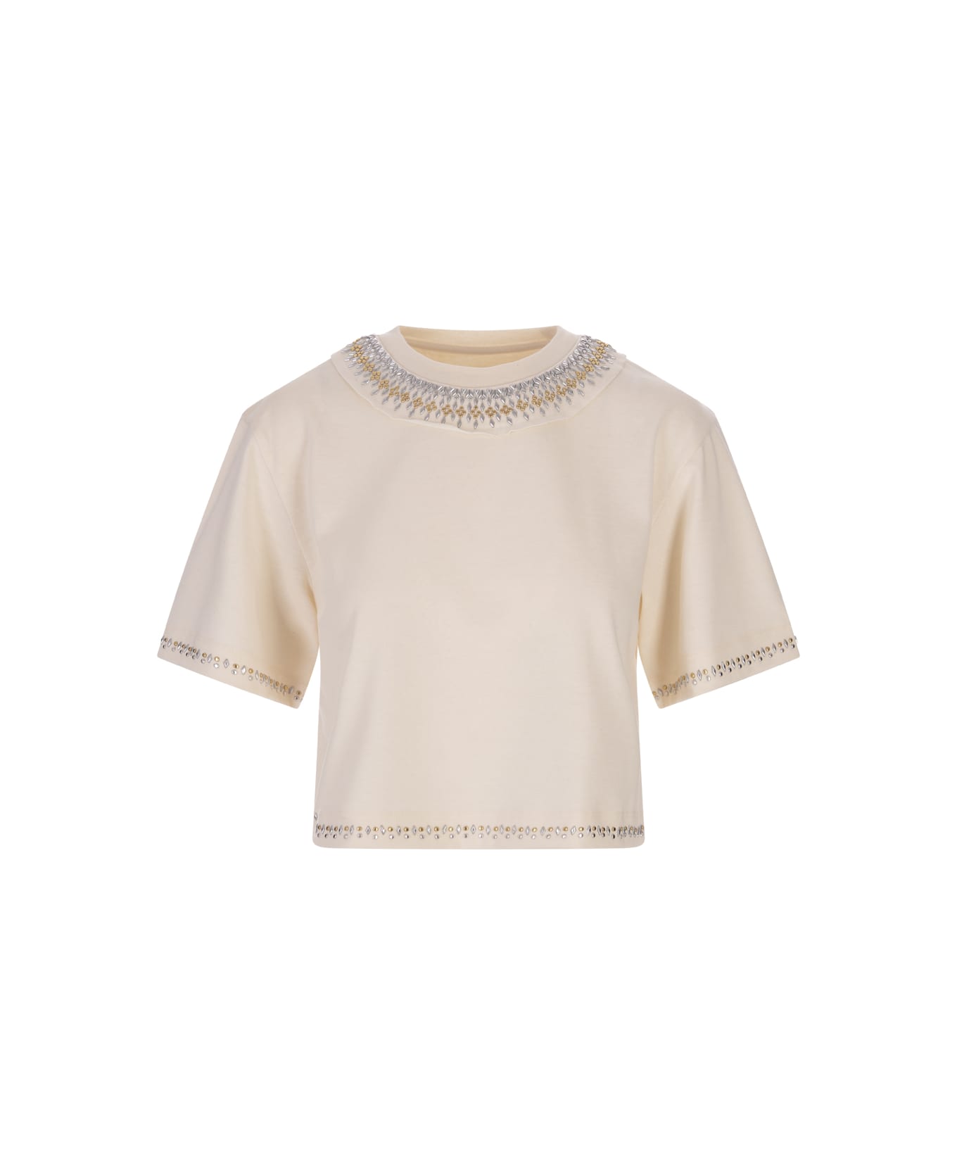 Paco Rabanne Nude Crop T-shirt With Rhinestones In Gold And Silver - White