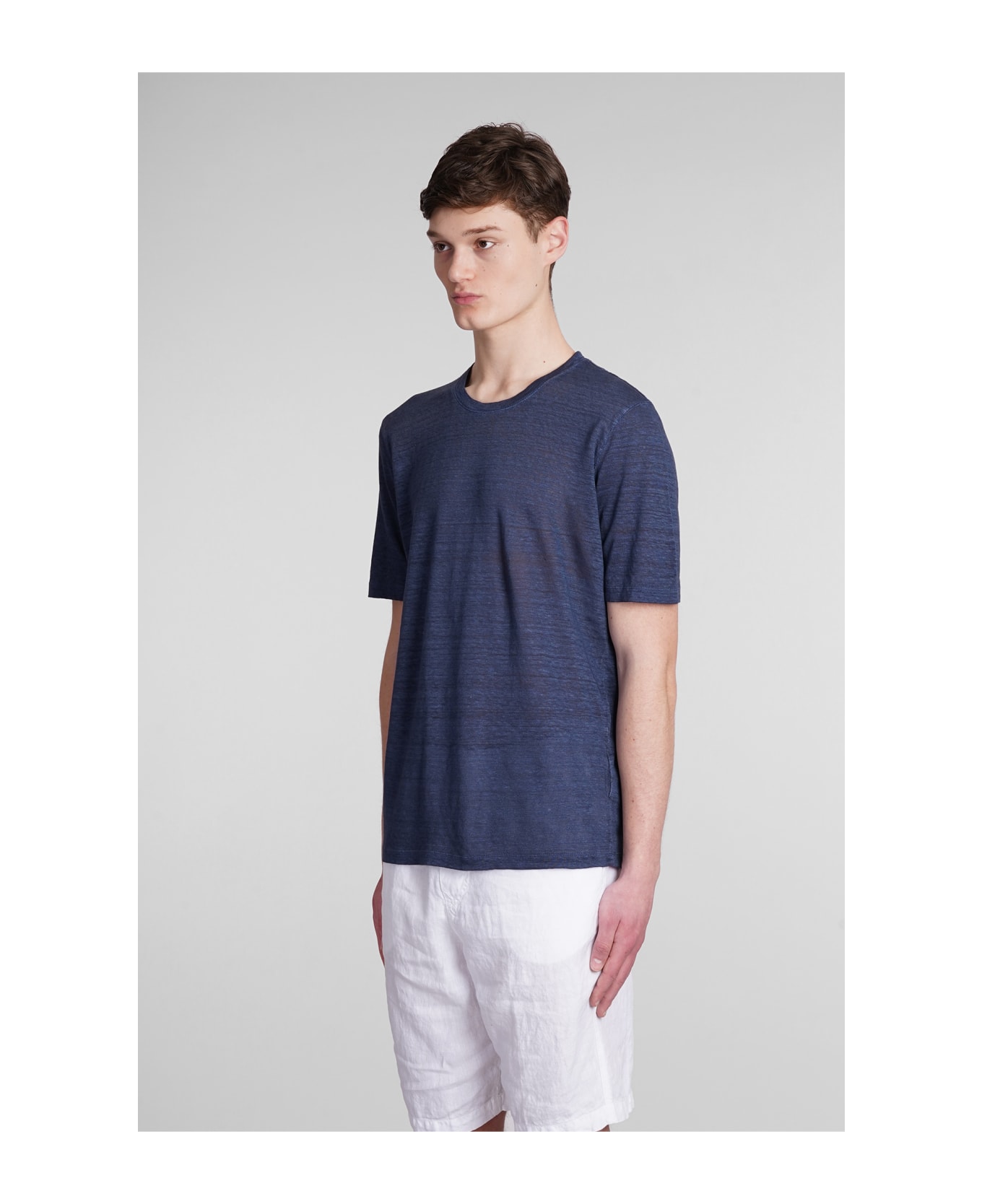 120% Lino T-shirt In Blue Linen - blue