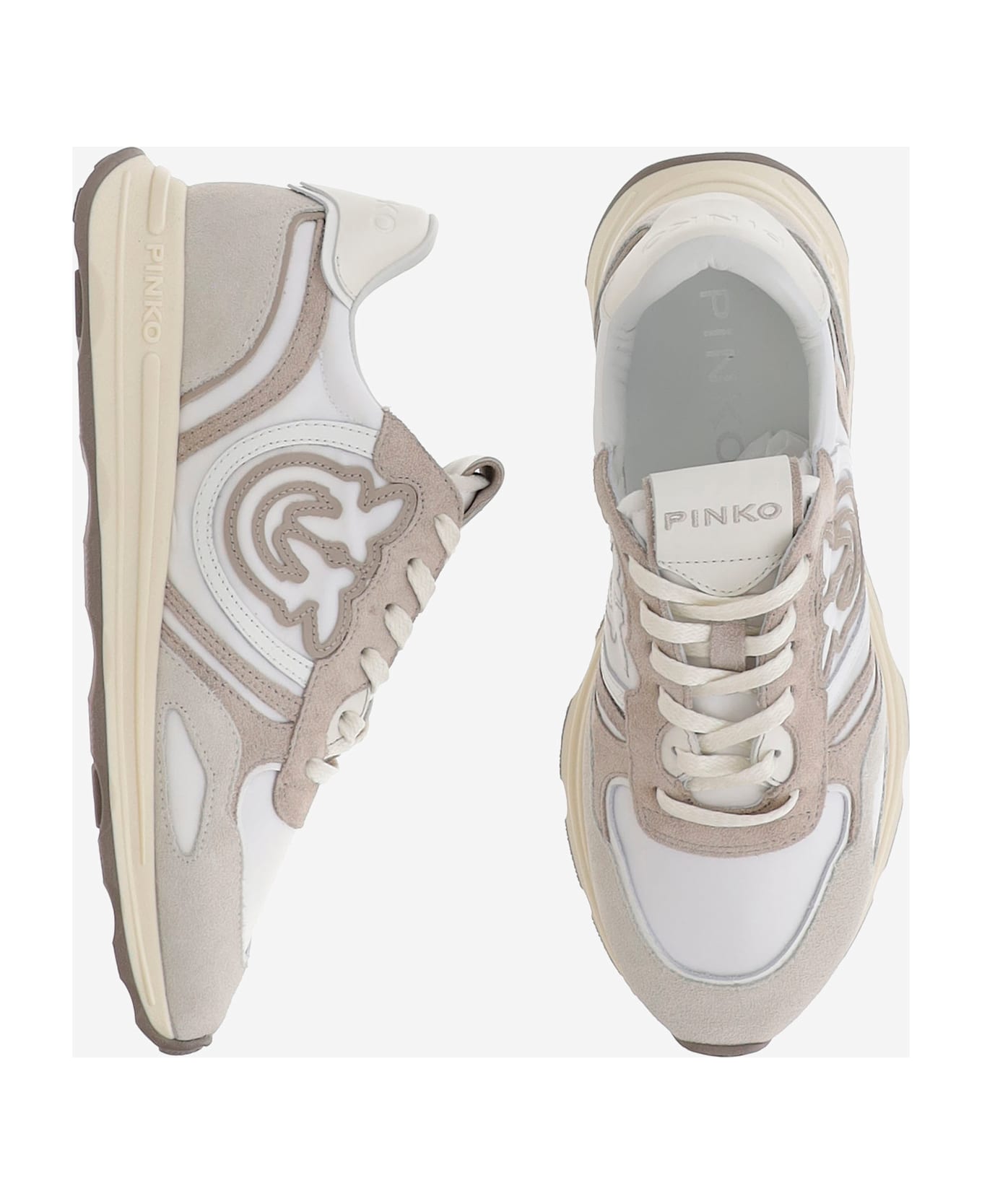 Pinko Technical Fabric And Leather Sneakers With Logo - SAND