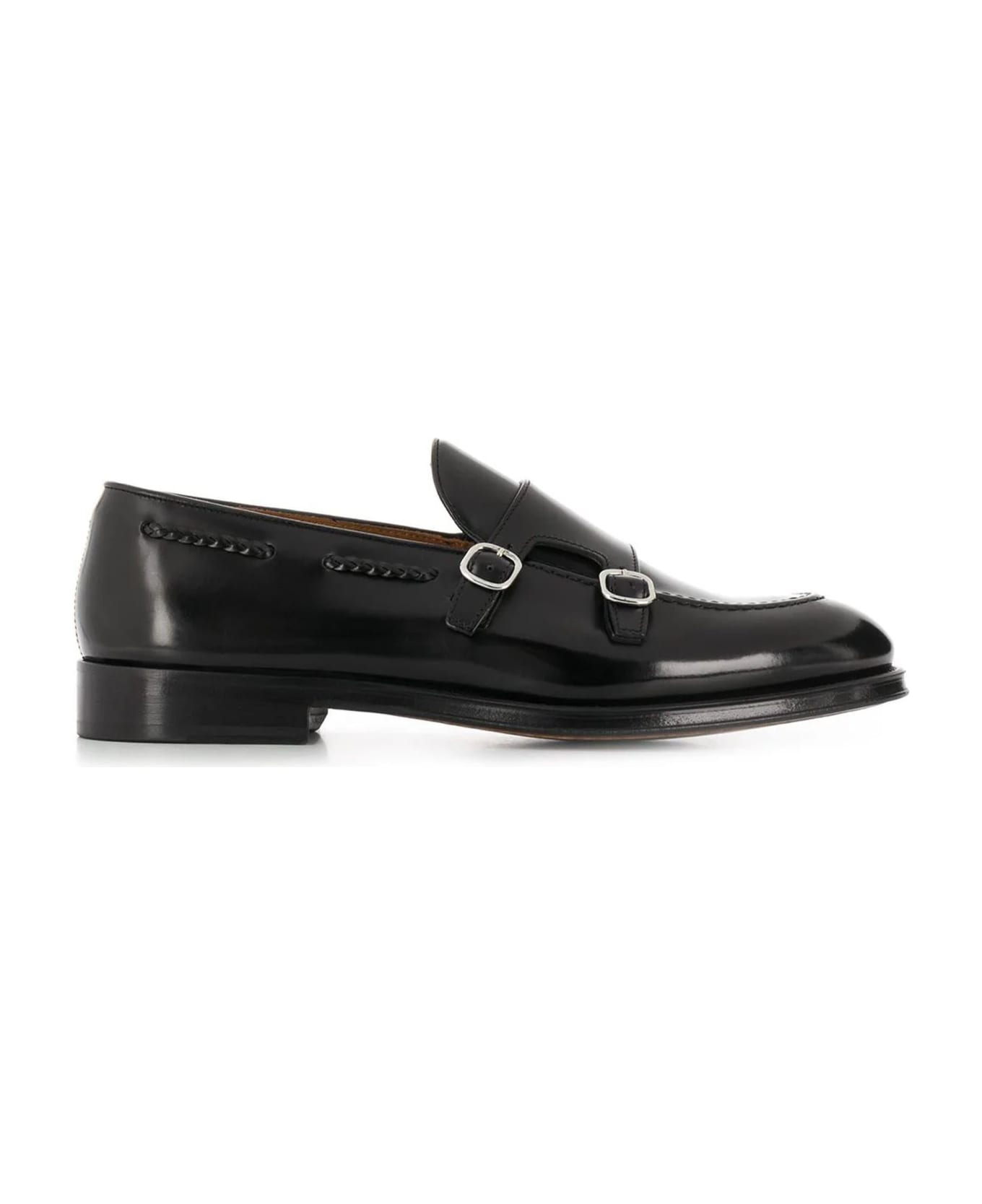 Doucal's Black Leather Polished Monk Shoes - Black ローファー＆デッキシューズ
