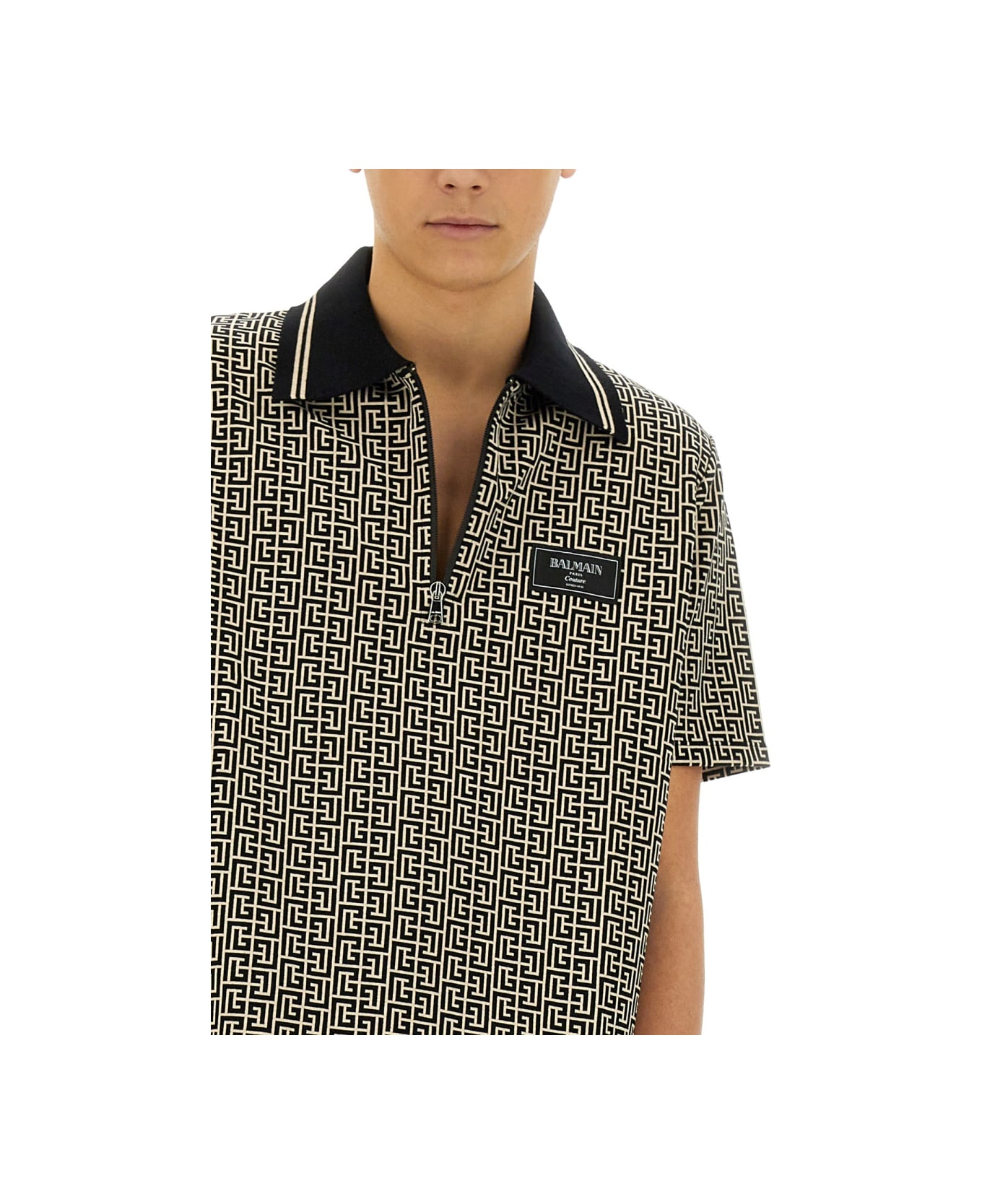 Balmain Polo Shirt With Monogram - BLACK/NEUTRALS