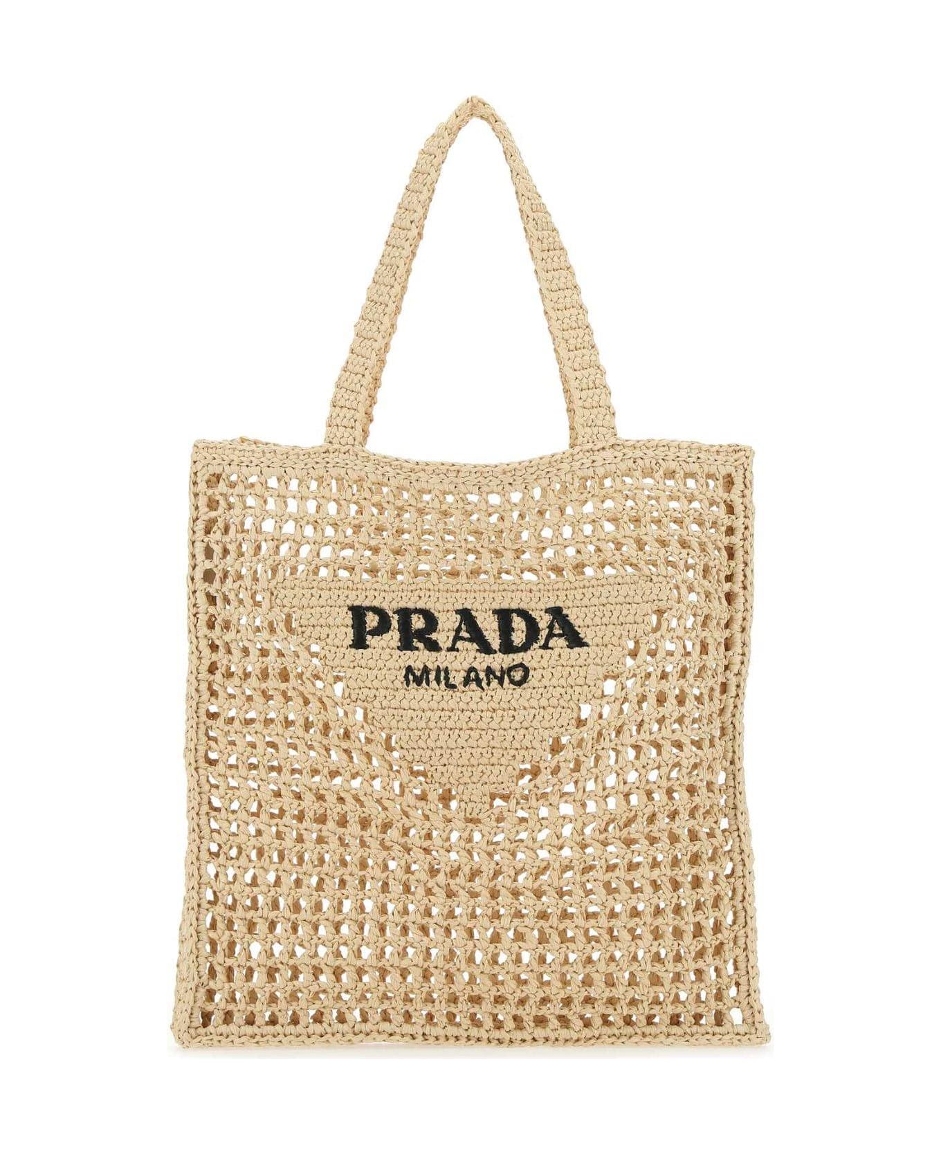 Prada Logo Embroidered Woven Tote Bag - NATURALE