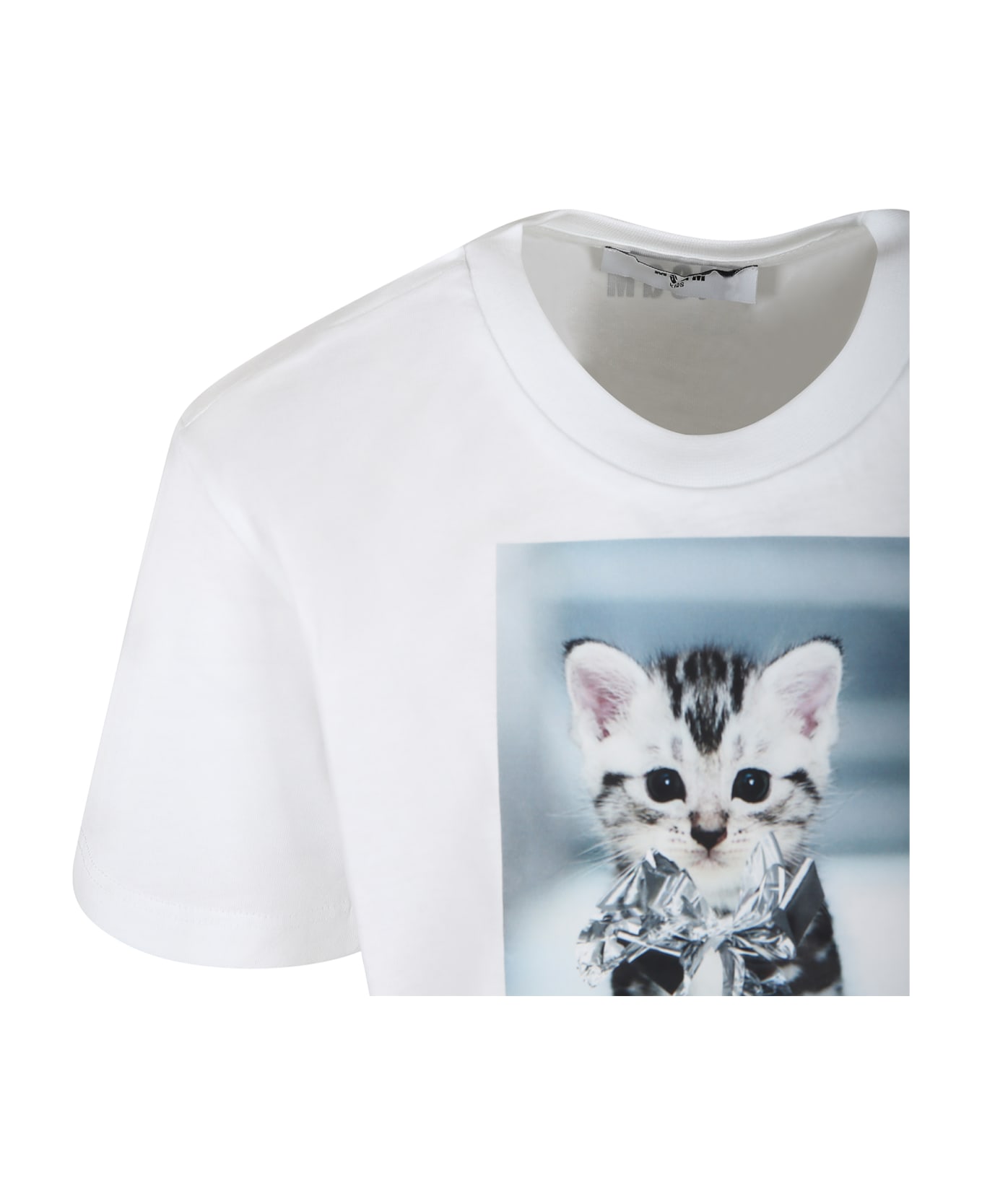 MSGM White Crop T-shirt For Girl With Cat Print And Logo - White