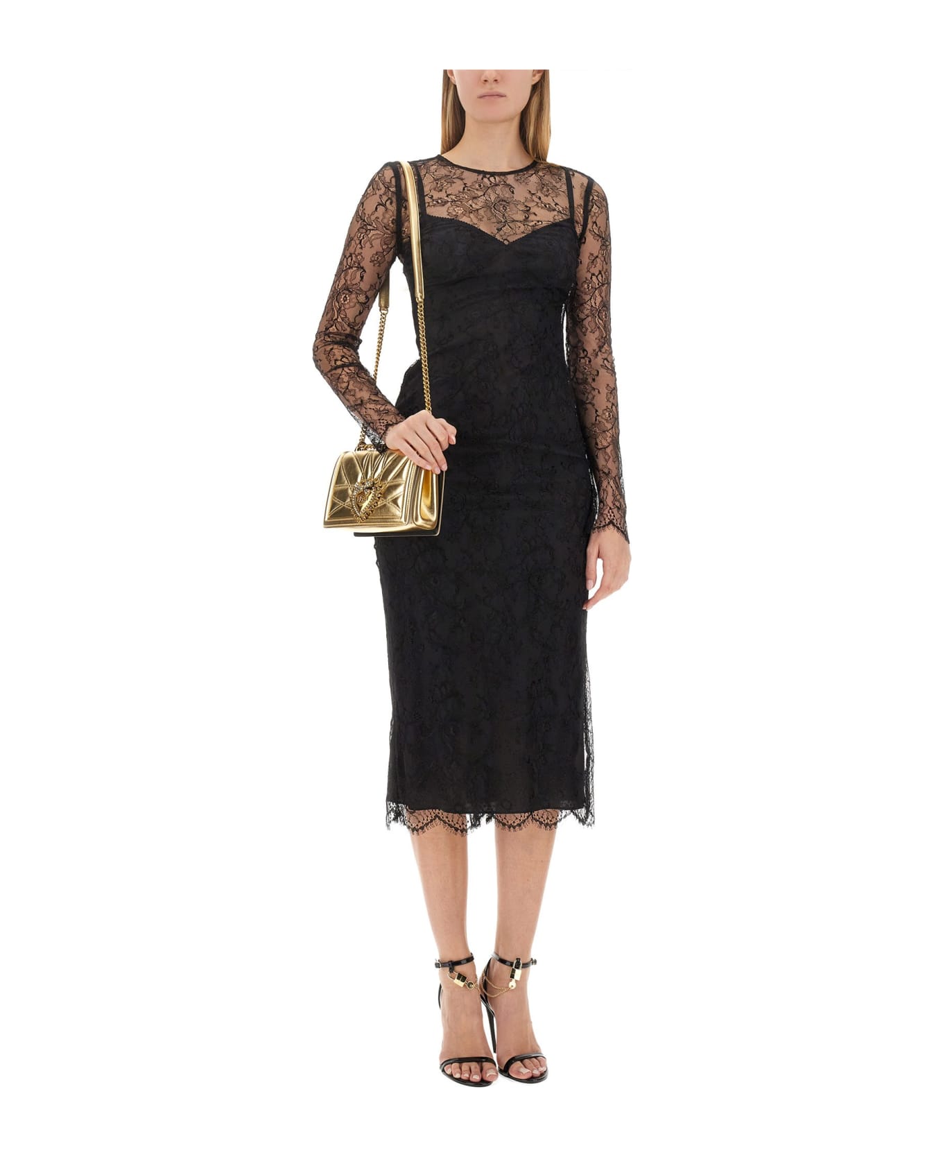 Dolce & Gabbana Chantilly Laces Fil Coupe' Longuette Dress - Black