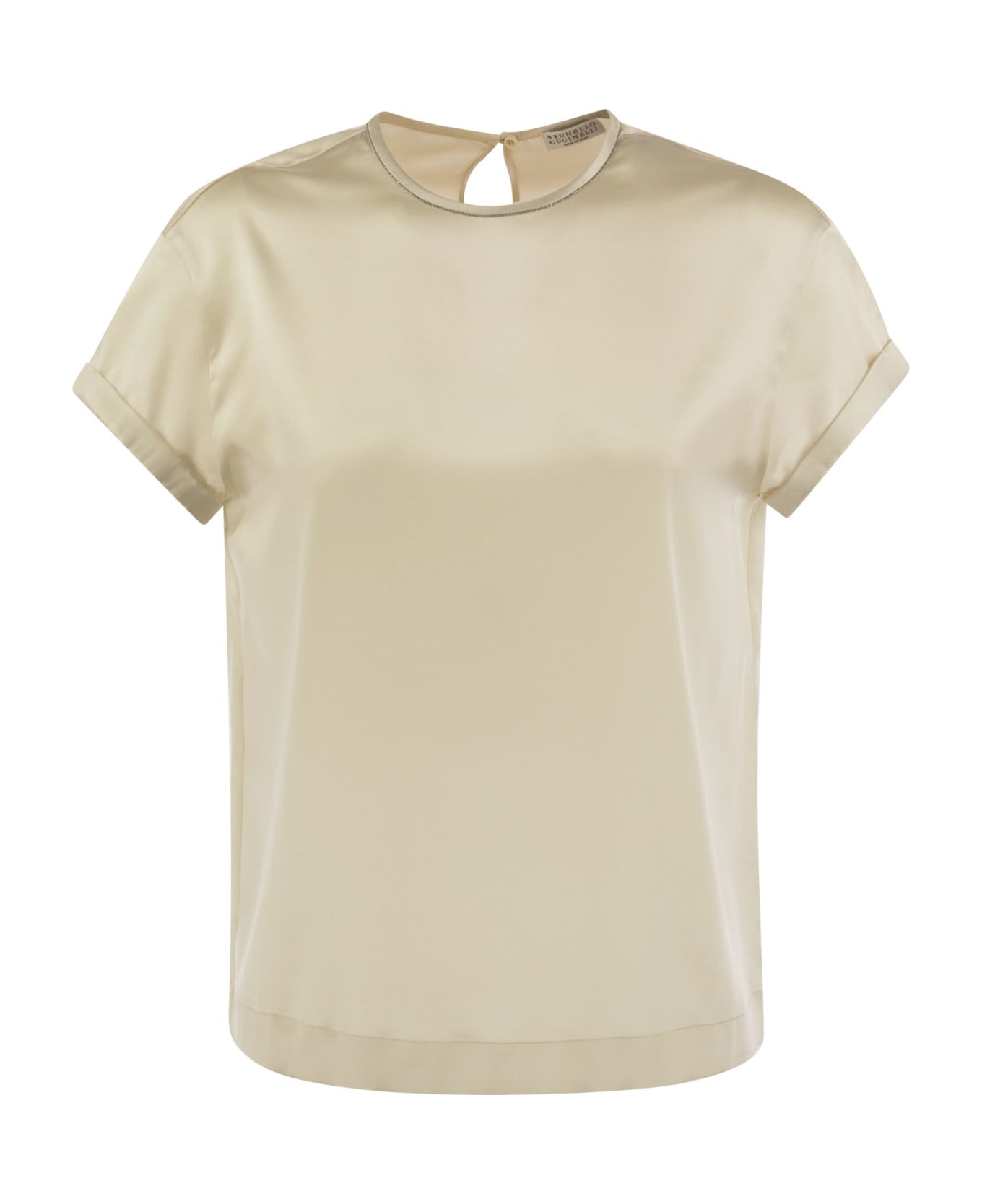 Brunello Cucinelli Stretch Silk Satin T-shirt With Necklace - Cream Tシャツ
