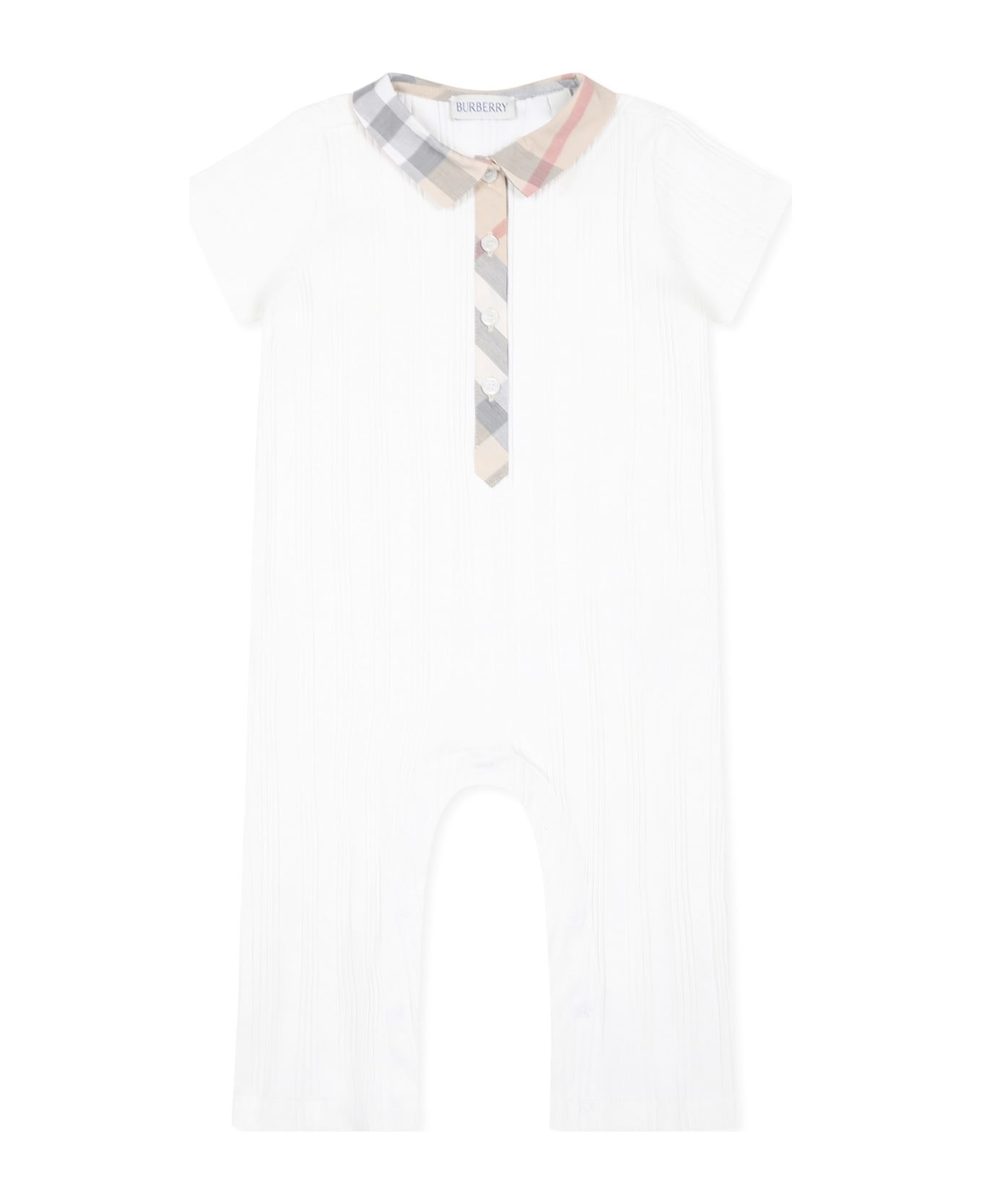Burberry Ivory Romper For Baby Boy With Vintage Check - Ivory