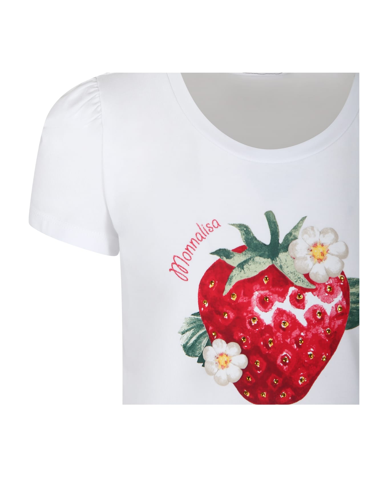 Monnalisa White Dress For Girl With Strawberry Print - White