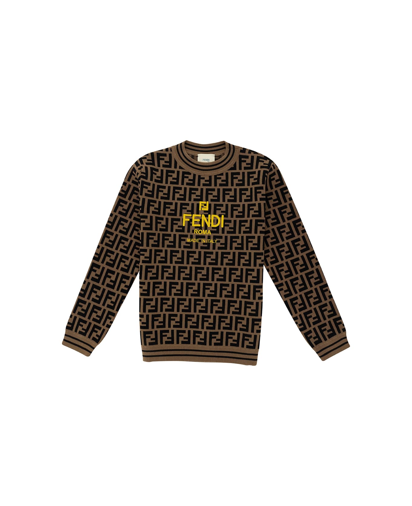 Fendi Beige And Tobacco Sweater With Ff Motif And Logo Detail In Viscose Blend Boy - Brown