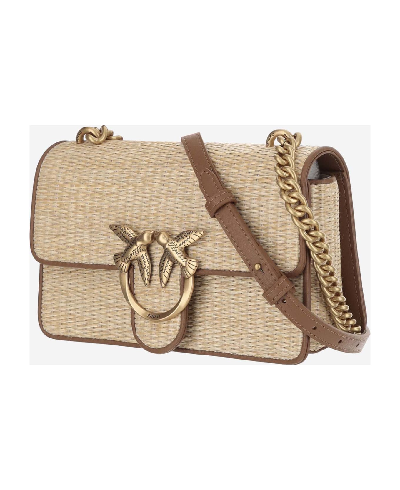 Pinko Mini Love Light Bag In Raffia And Leather - Naturale/cuoio-antique gold