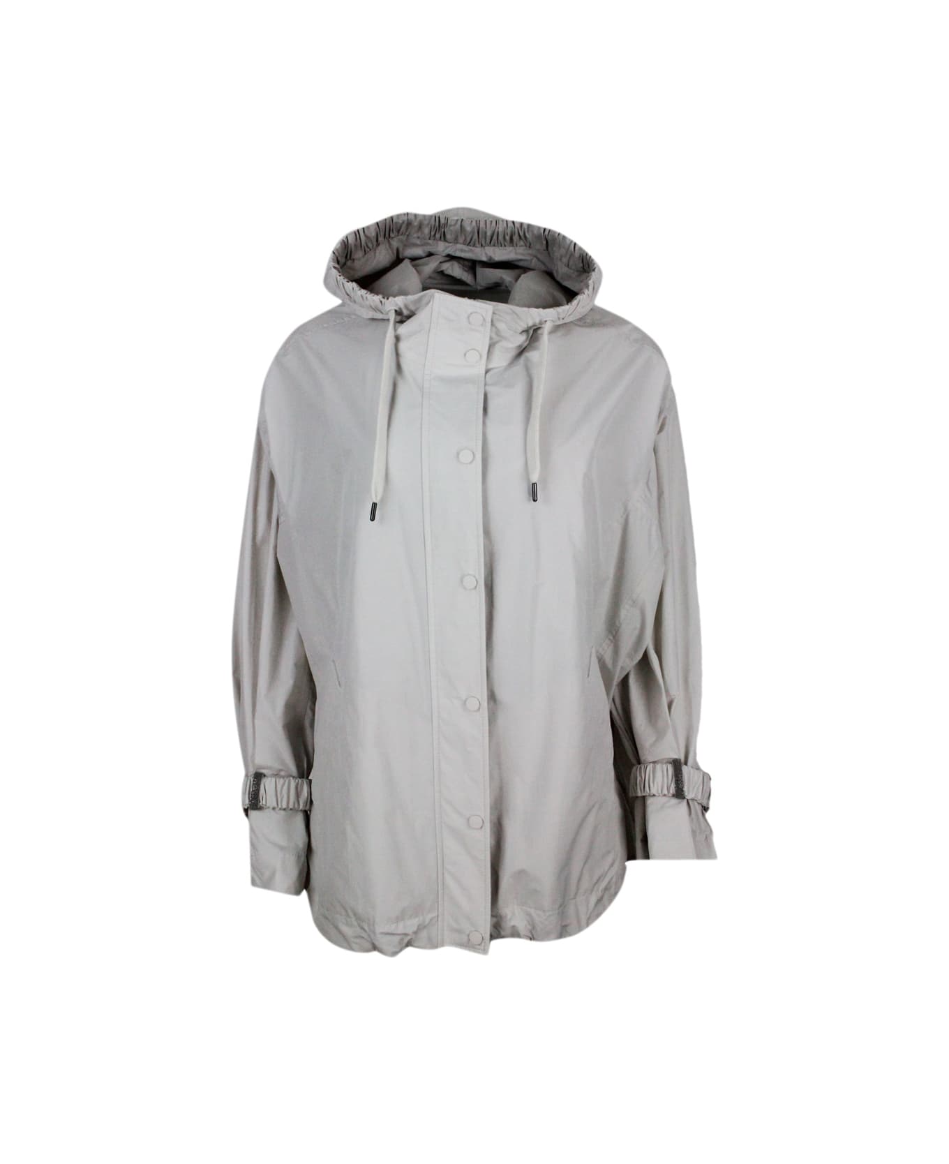 Brunello Cucinelli Water Resistant Outerware Jacket With Hood And Drawstring Hem. Curl On The Sleeve With Precious Jewel - Grey Plaster
