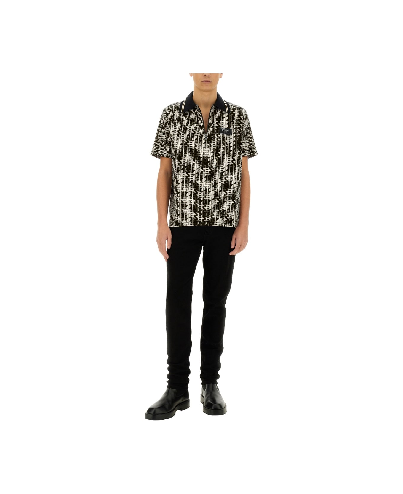 Balmain Polo Shirt With Monogram - BLACK/NEUTRALS