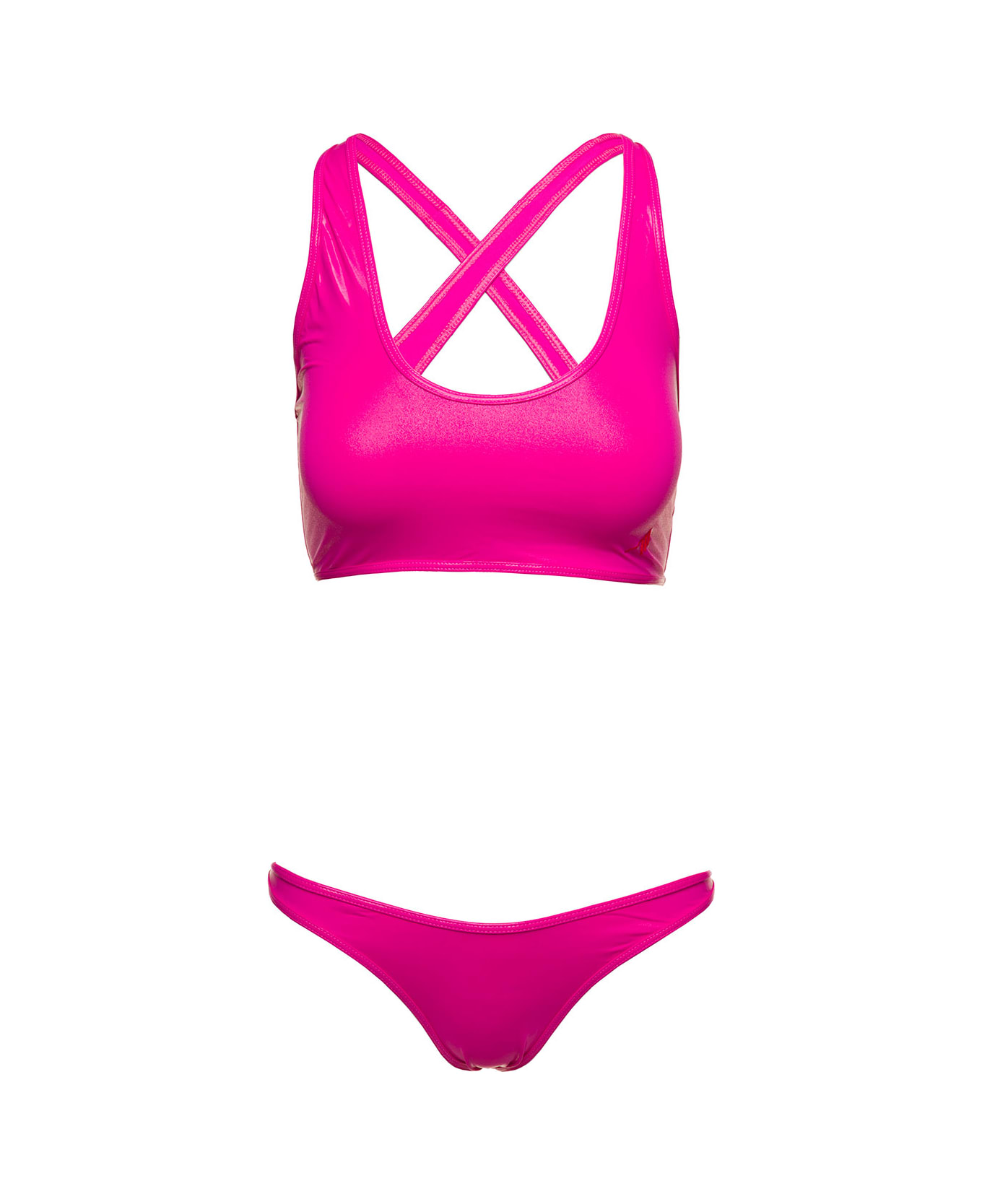 The Attico Crossover-strap Bikini Set With Embroidered Logo In Technical Fabric Woman - Fuxia 水着