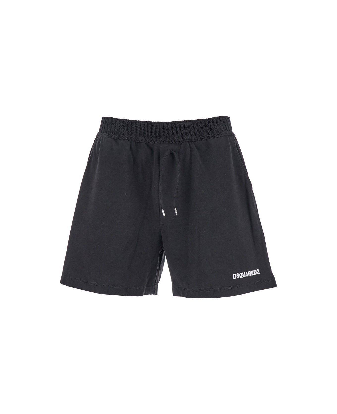 Dsquared2 Black Bermuda With Elastic Waist And Drawstring And Logo On The Front In Cotton Man - Black