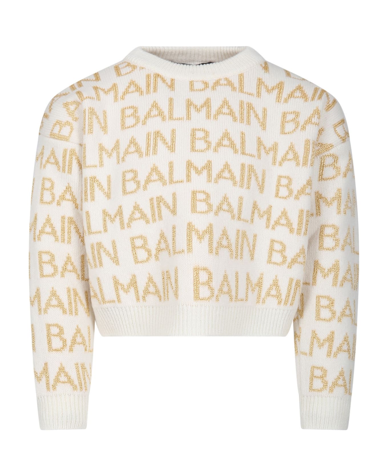 Balmain Ivory Sweater For Girl With Logo - Ivory ニットウェア＆スウェットシャツ