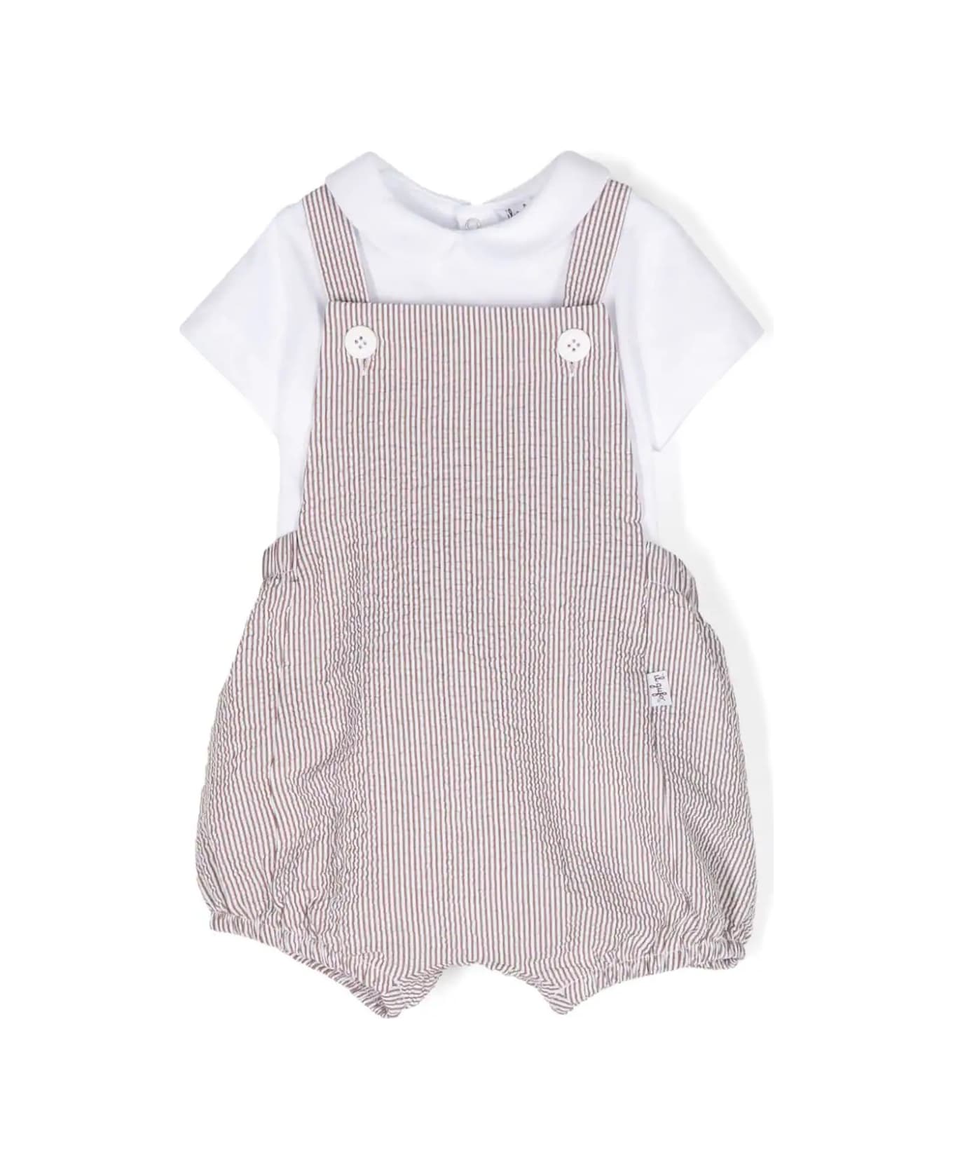 Il Gufo White And Brown Two Piece Set With Seersucker Dungarees - White