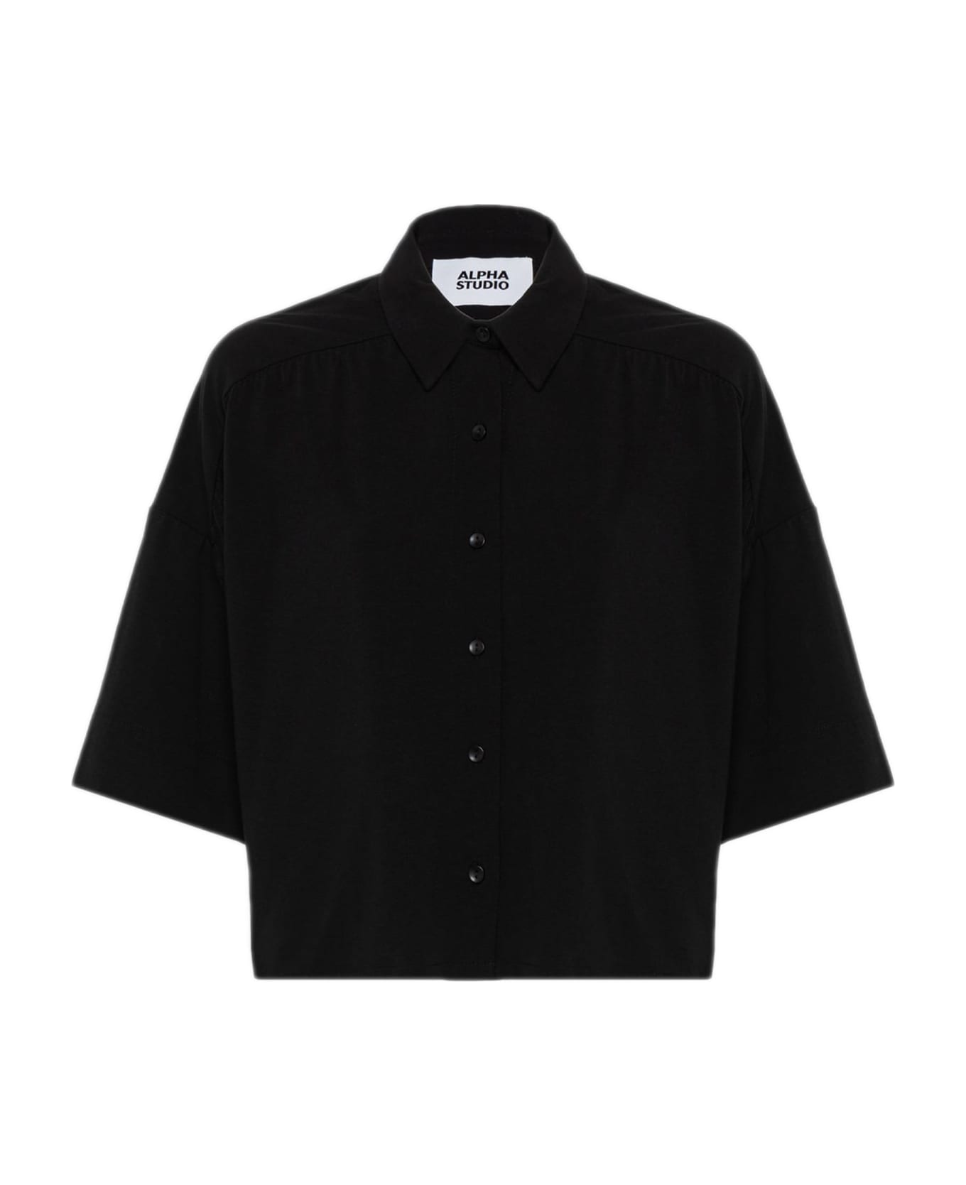 Alpha Studio Solid Color Cotton Jersey Short Shirt - Black