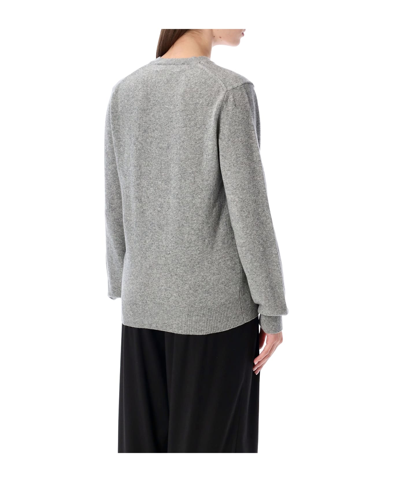 Comme des Garçons Play Wool V-neck Sweater With Black Heart And Crystals - LIGHT GREY