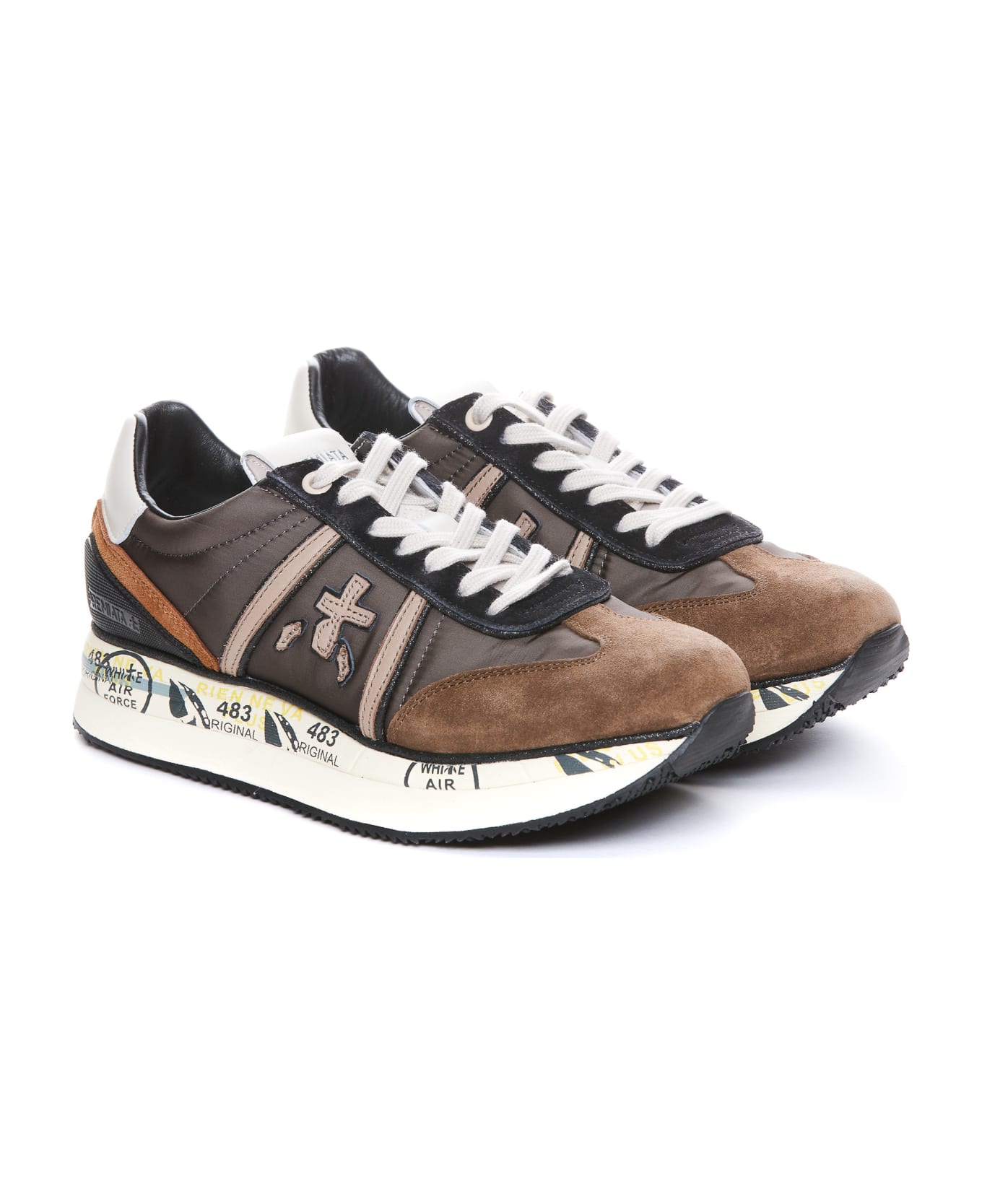 Premiata Conny Sneakers In Brown Suede And Fabric - Grigio