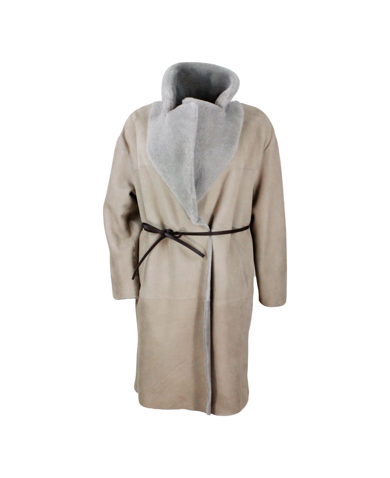 Fabiana Filippi Long Coat In Reversible Shearling Sheepskin With Belt At The Waist And One Button Closure - Nut