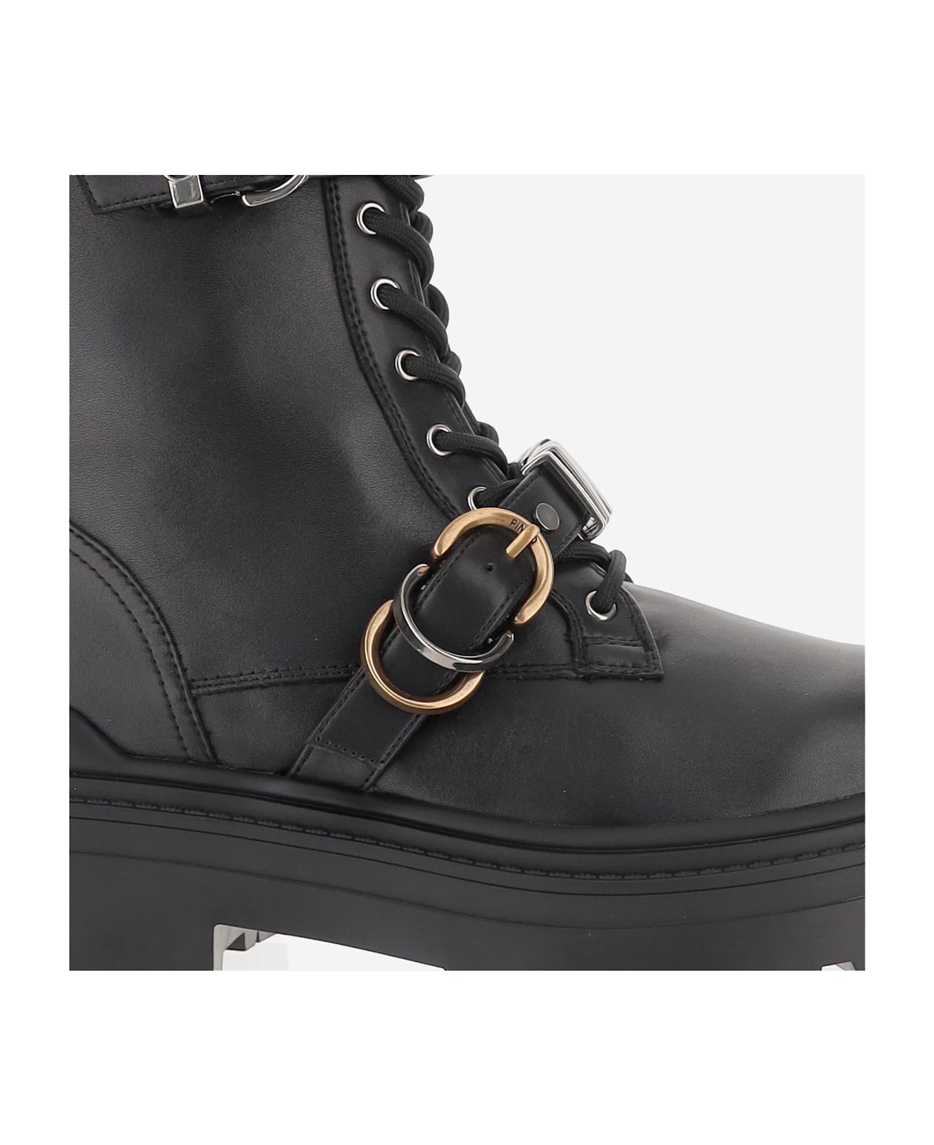 Pinko Leather Ankle Boots With Belt And Logo - Black