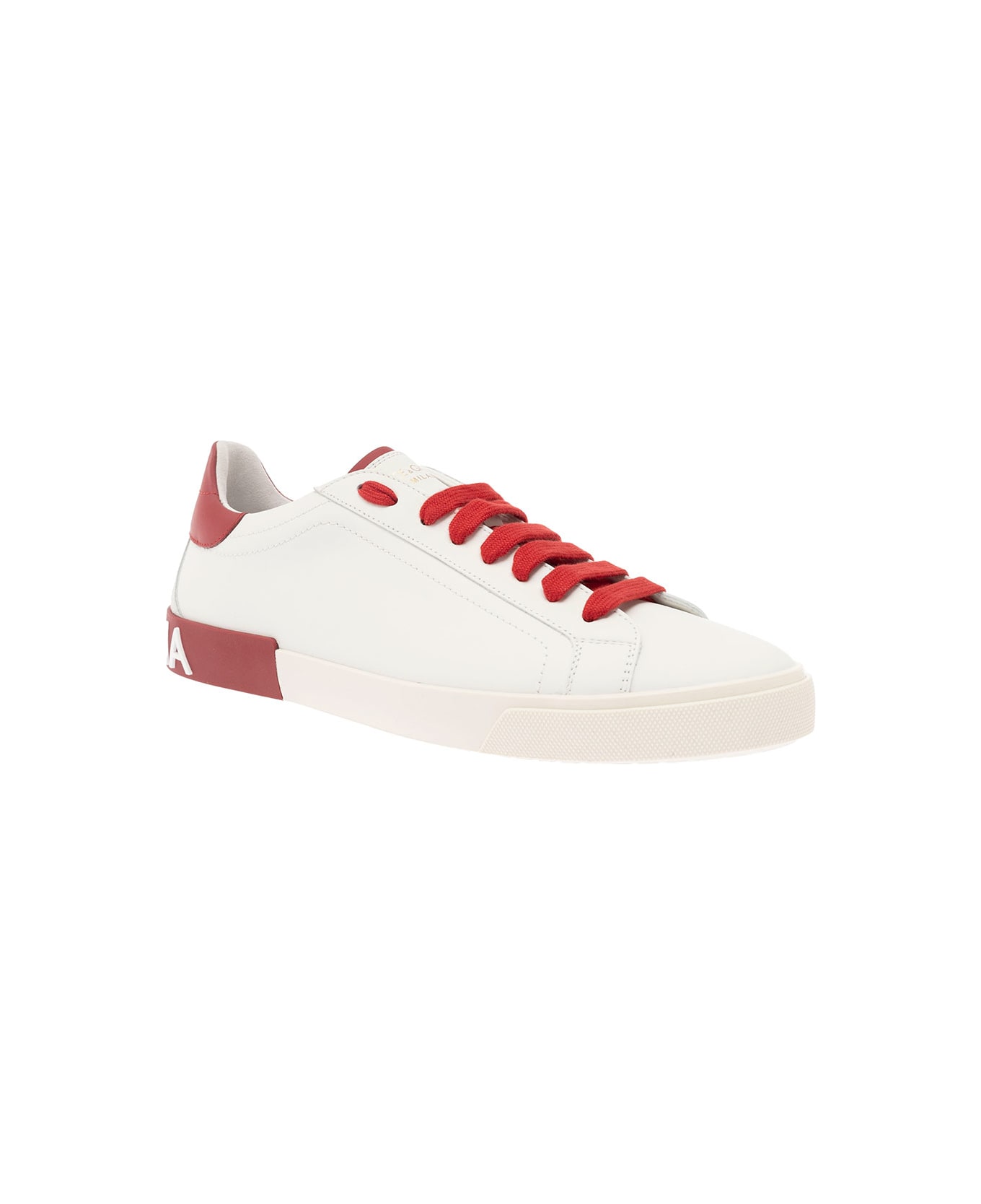 Dolce & Gabbana 'portofino' White And Red Low Top Sneakers With Logo Patch In Leather Man - White