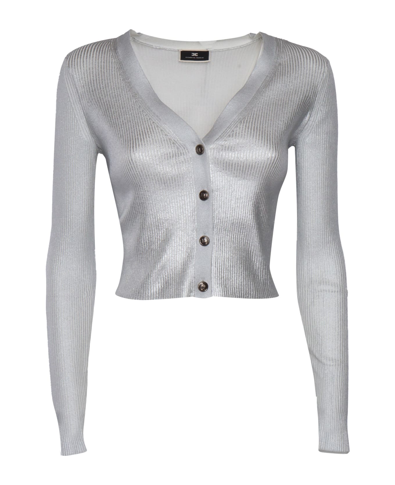 Elisabetta Franchi Cropped Silver Tricot Ribbed Sweater - SILVER