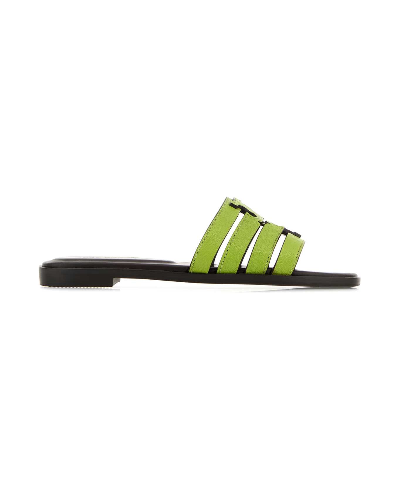 Tory Burch Green Leather Ines Slippers - LIGHTCHARTREUSEDARKCOCOA