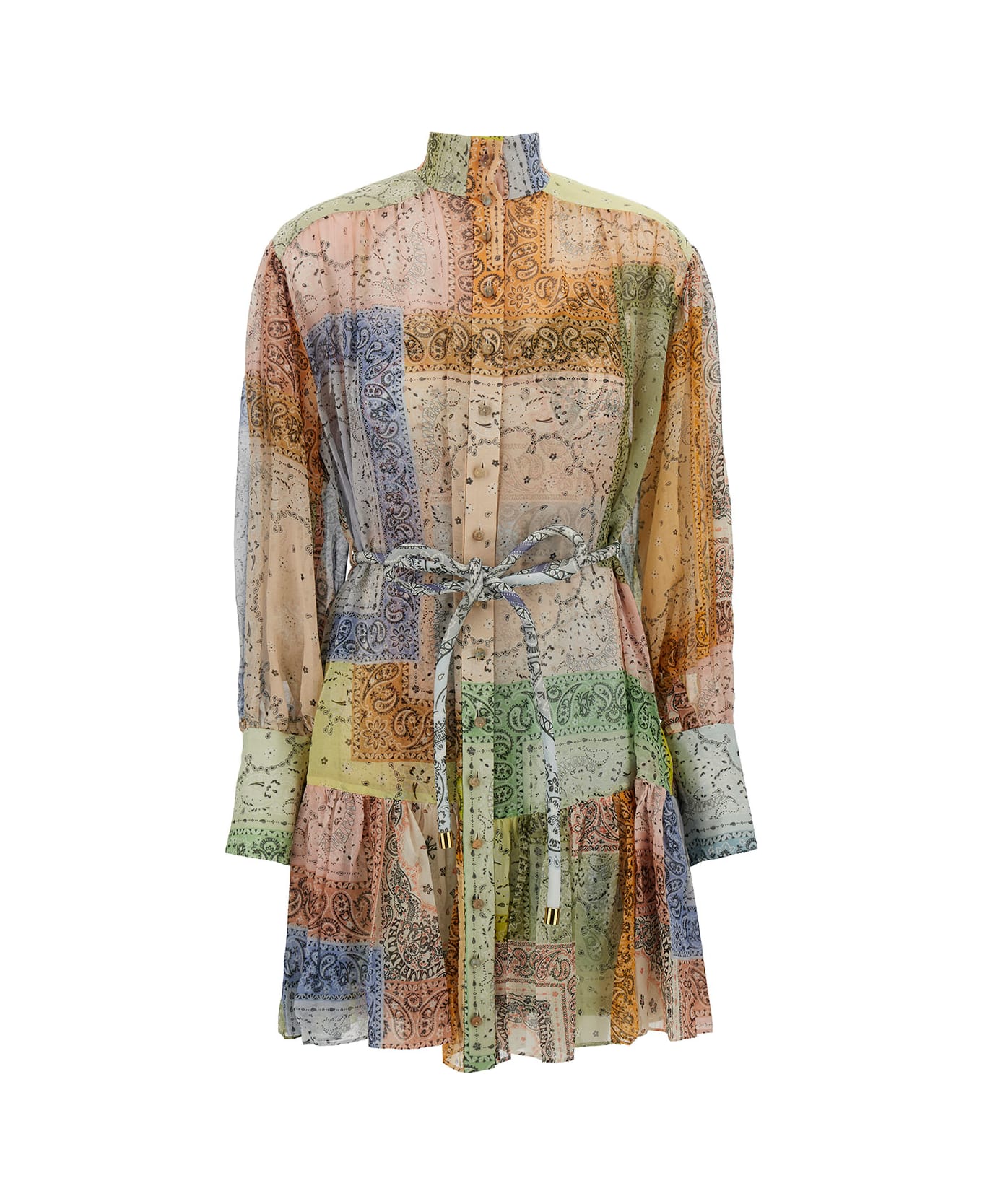 Zimmermann Mini Multicolor Patchwork Dress With Belt In Cotton And Silk Woman - Fantasia