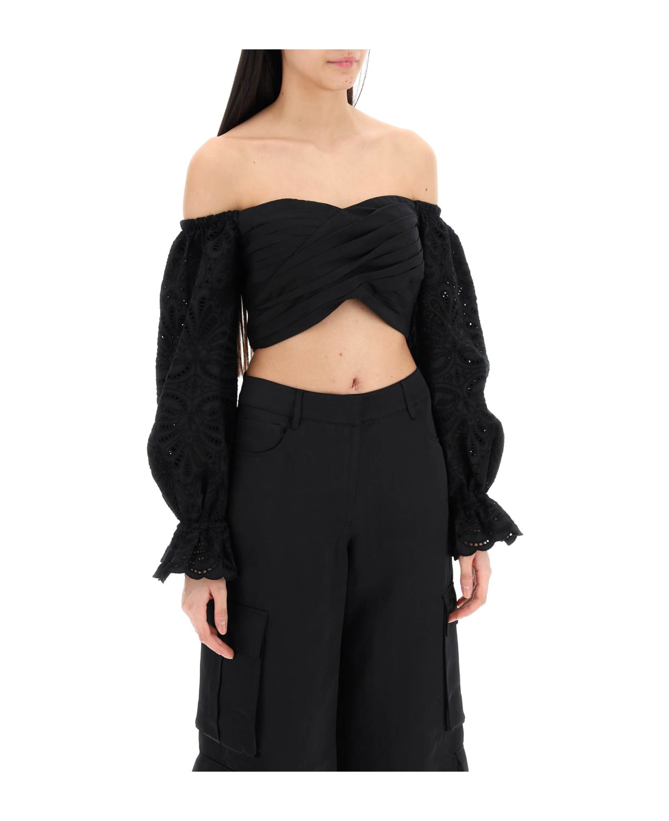 self-portrait Off-shoulder Top With Sangallo - Nero