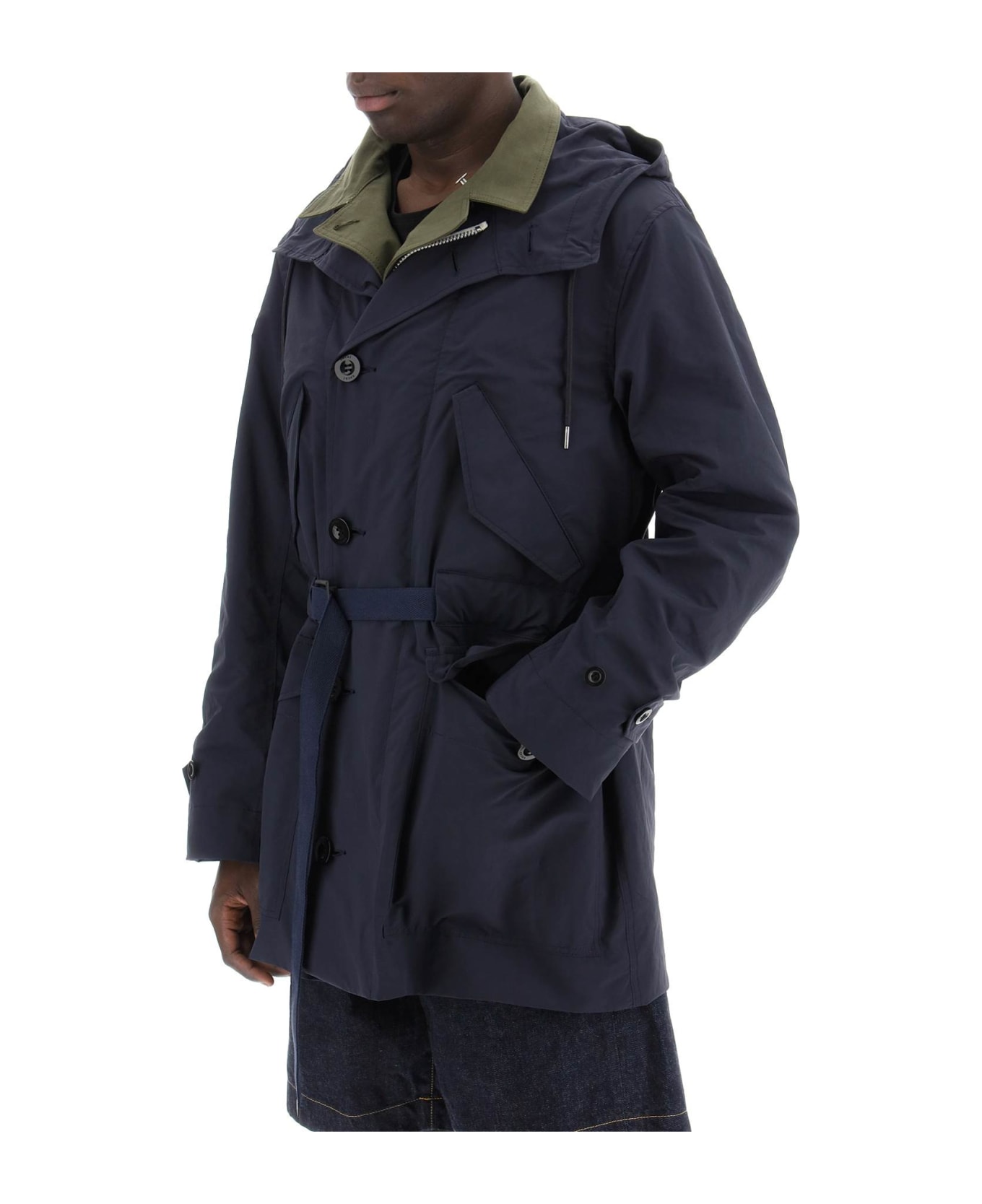 Sacai Army Green Cotton And Nylon Reversibile Jacket - KHAKINAVY
