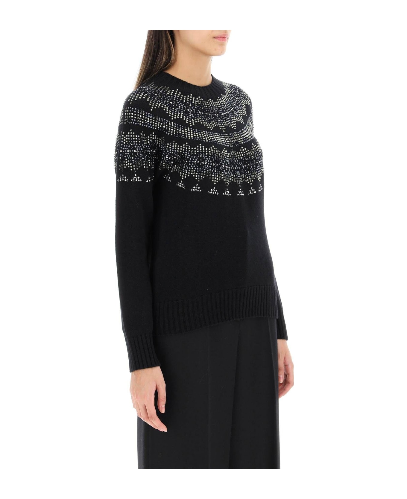 Max Mara 'osmio' Wool And Cashmere Fair-isle Sweater With Crystals - BLACK ニットウェア