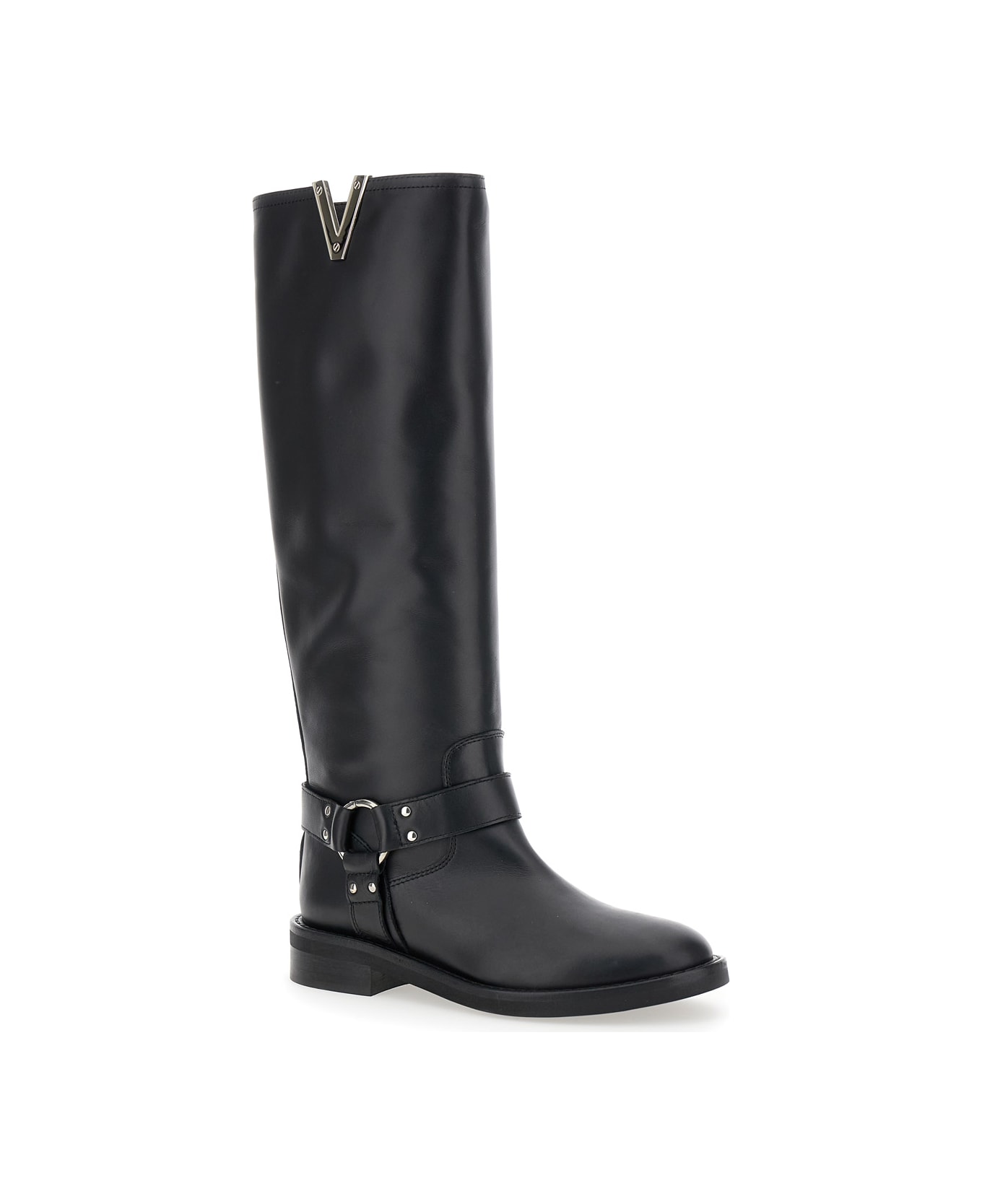 Via Roma 15 Black V-detailed Knee Boots In Leather Woman - Black