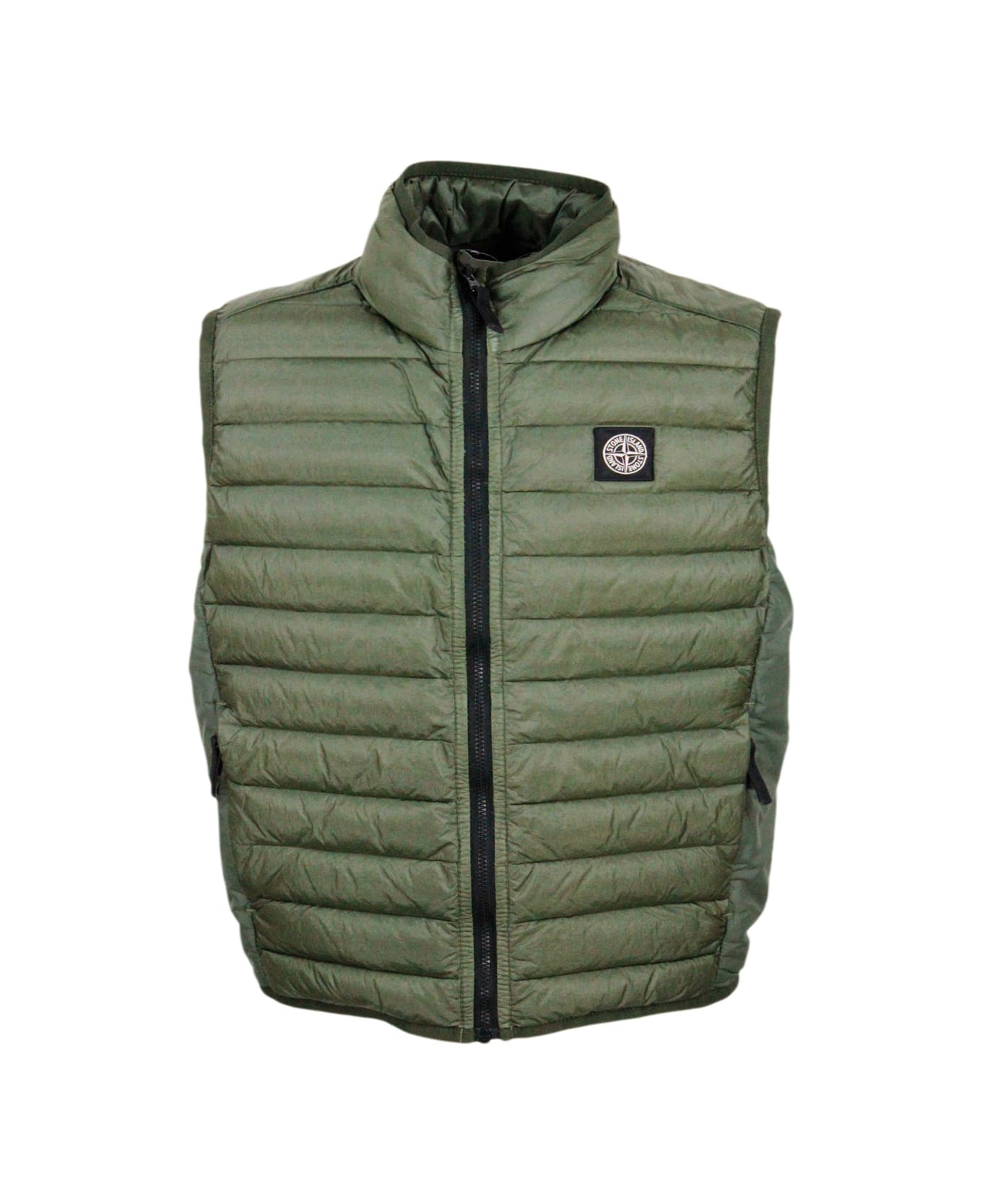 Stone Island Junior 100 Gram Padded Sleeveless Down Vest Made Of Recycled Crisp Nylon. Zip Closure And Logo On The Chest - Military