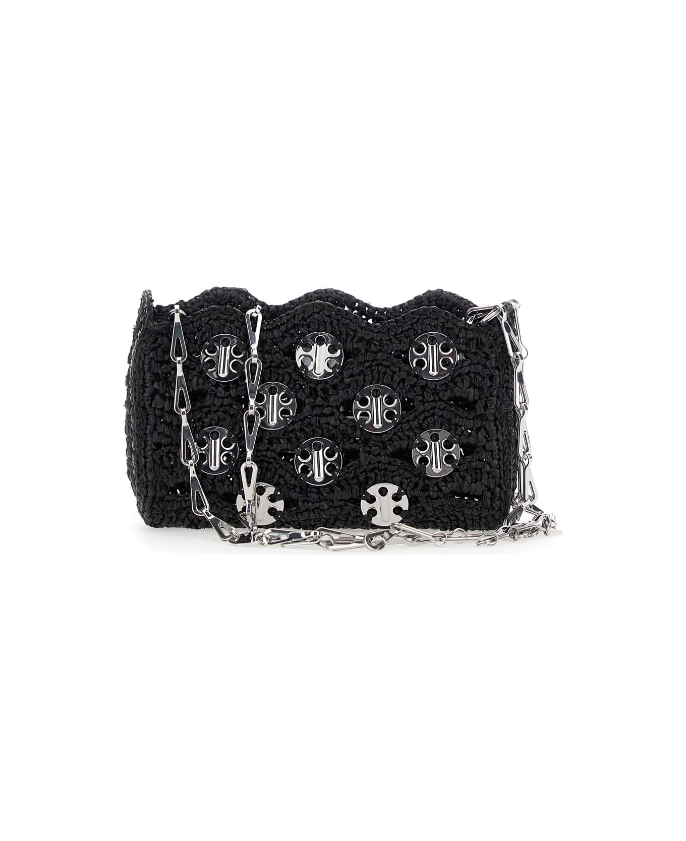 Paco Rabanne Black Shoulder Bag With Chain-link Shoulder Strap And Discs Detail In Raphia Woman - Black