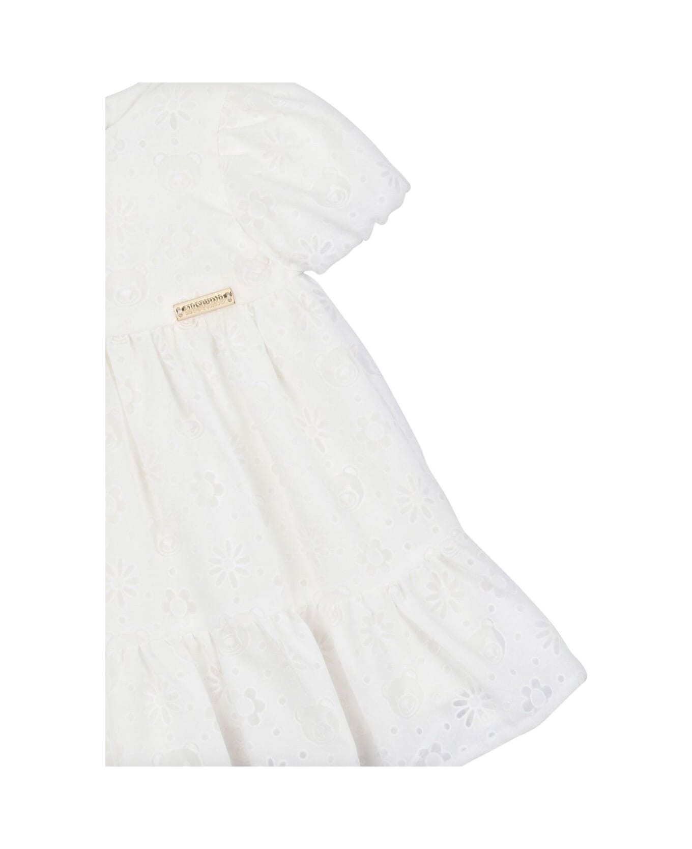 Moschino White Dress With Broderie Anglaise And Logo Plaque On The Front In Viscose Blend Baby - White