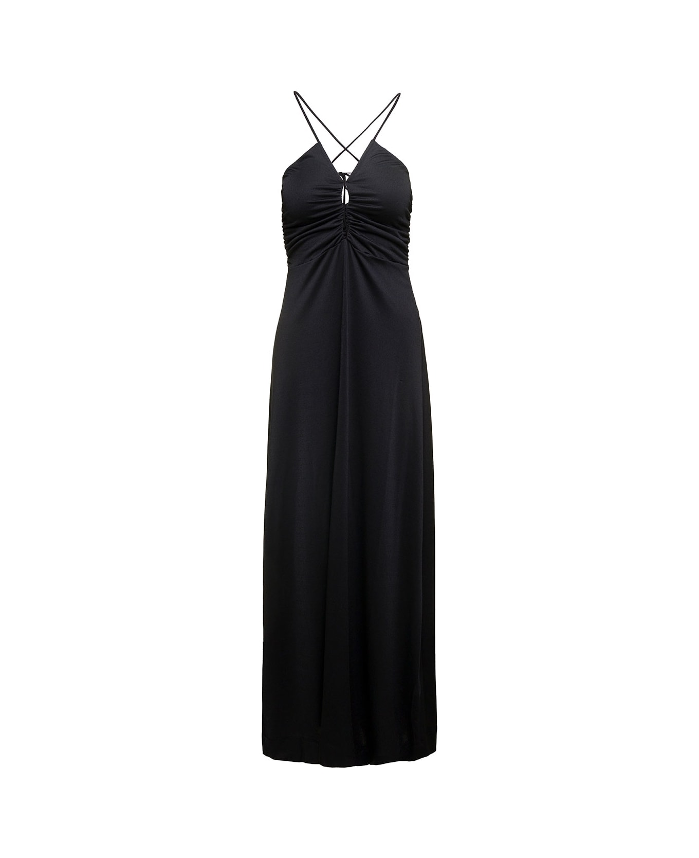 Ganni Maxi Black Dress With Drawstring And Criss-cross Straps In Jersey Woman - Black