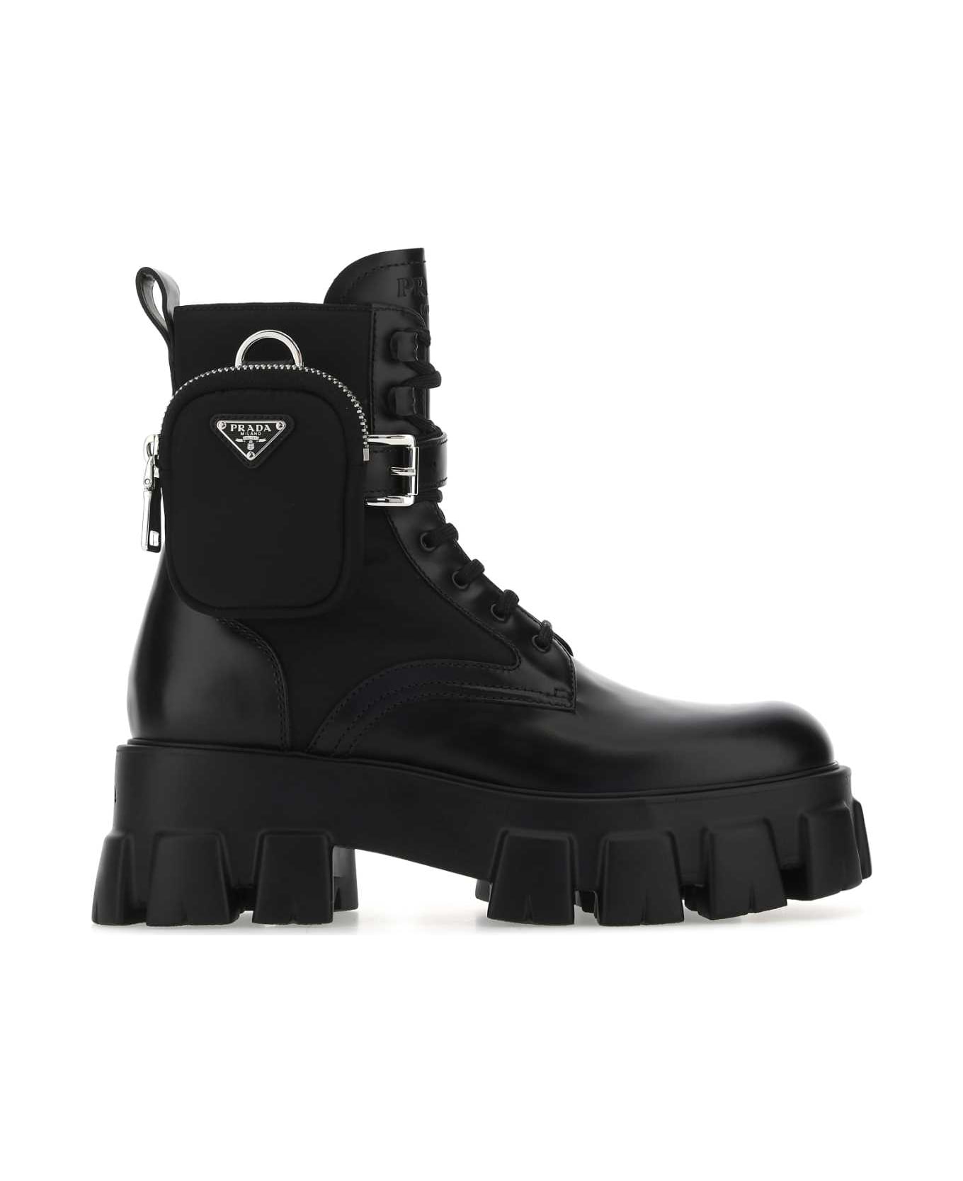 Prada Black Leather And Re-nylon Monolith Ankle Boots - NERO