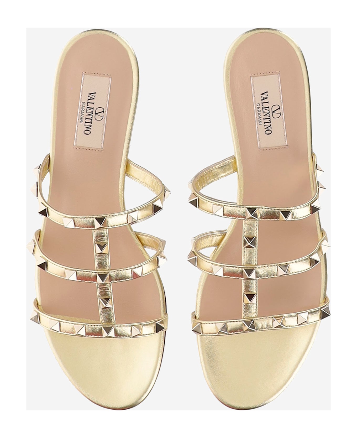 Valentino Garavani Leather Rockstud Slide Sandals - Golden