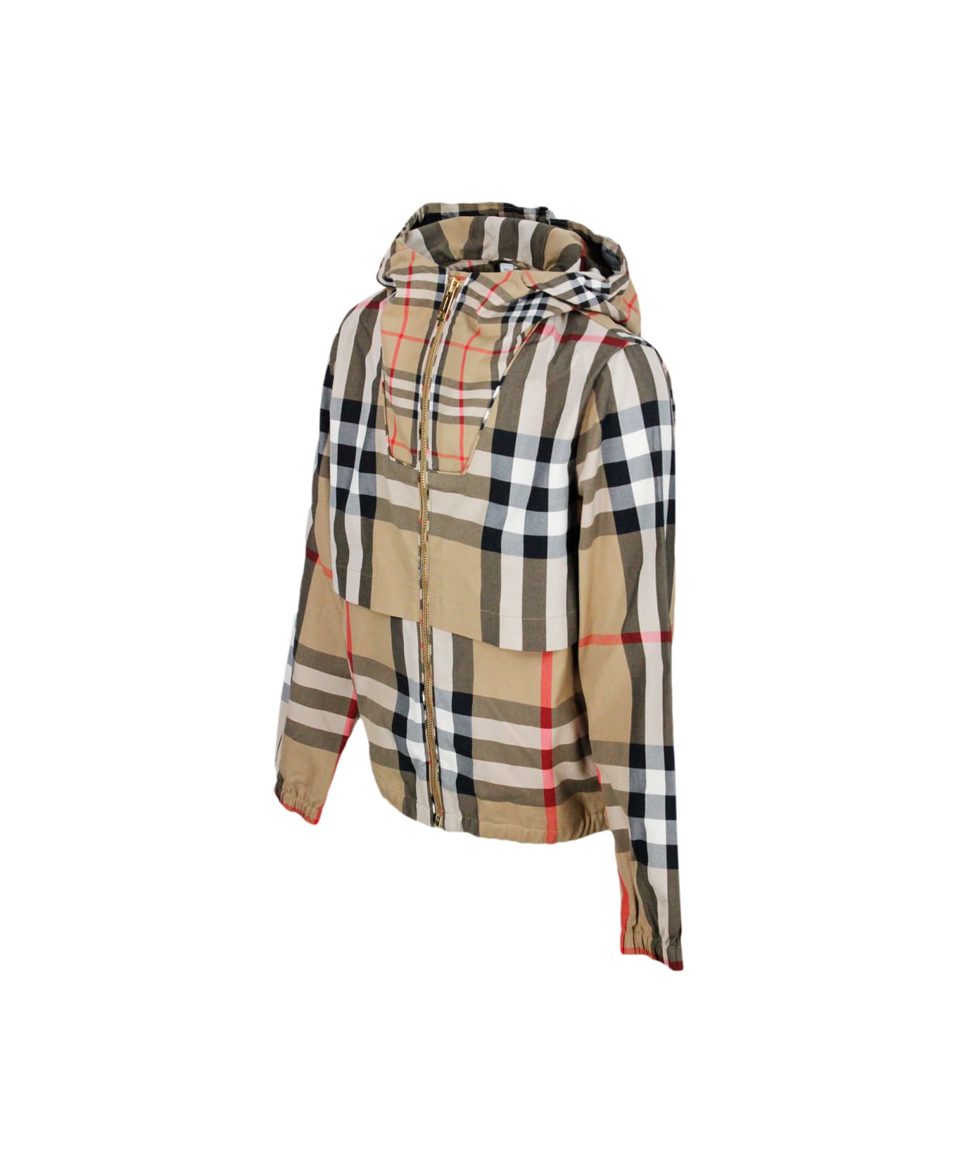Burberry Cotton Jacket With Hood And Zip Closure In Beige Classic Check - Beige