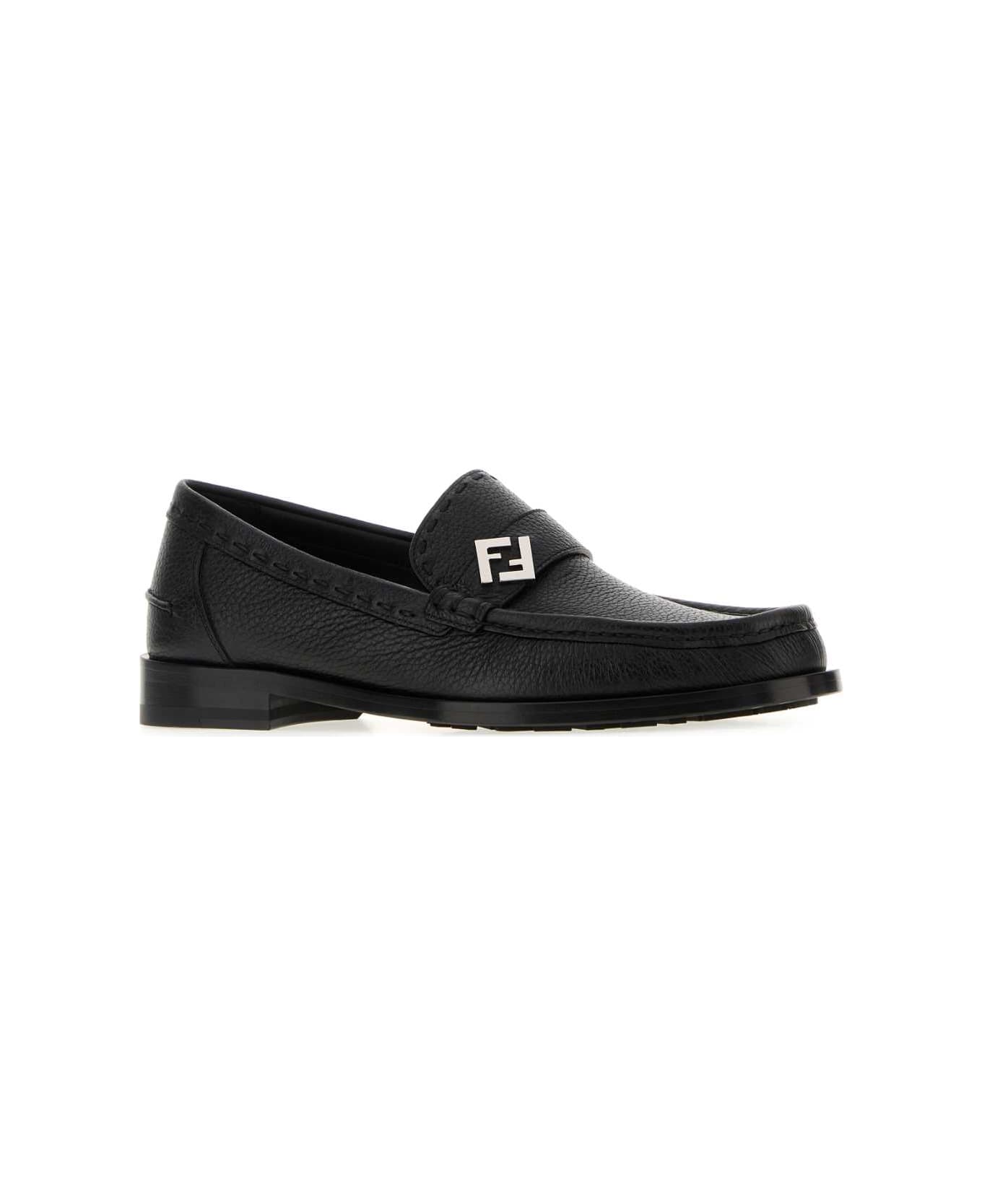 Fendi Black Leather Ff Metal Loafers - NERO