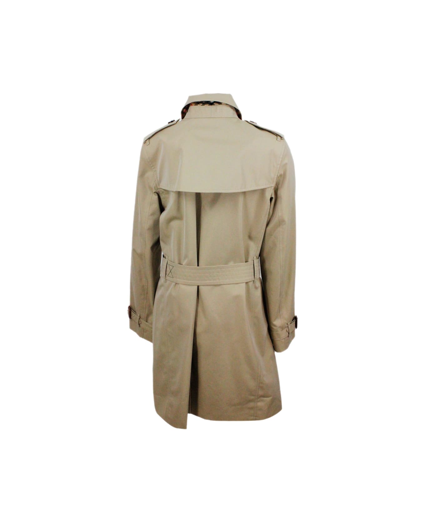 Burberry Trench Coat In Cotton Gabardine With Buttons And Belt With Check Interior - Beige