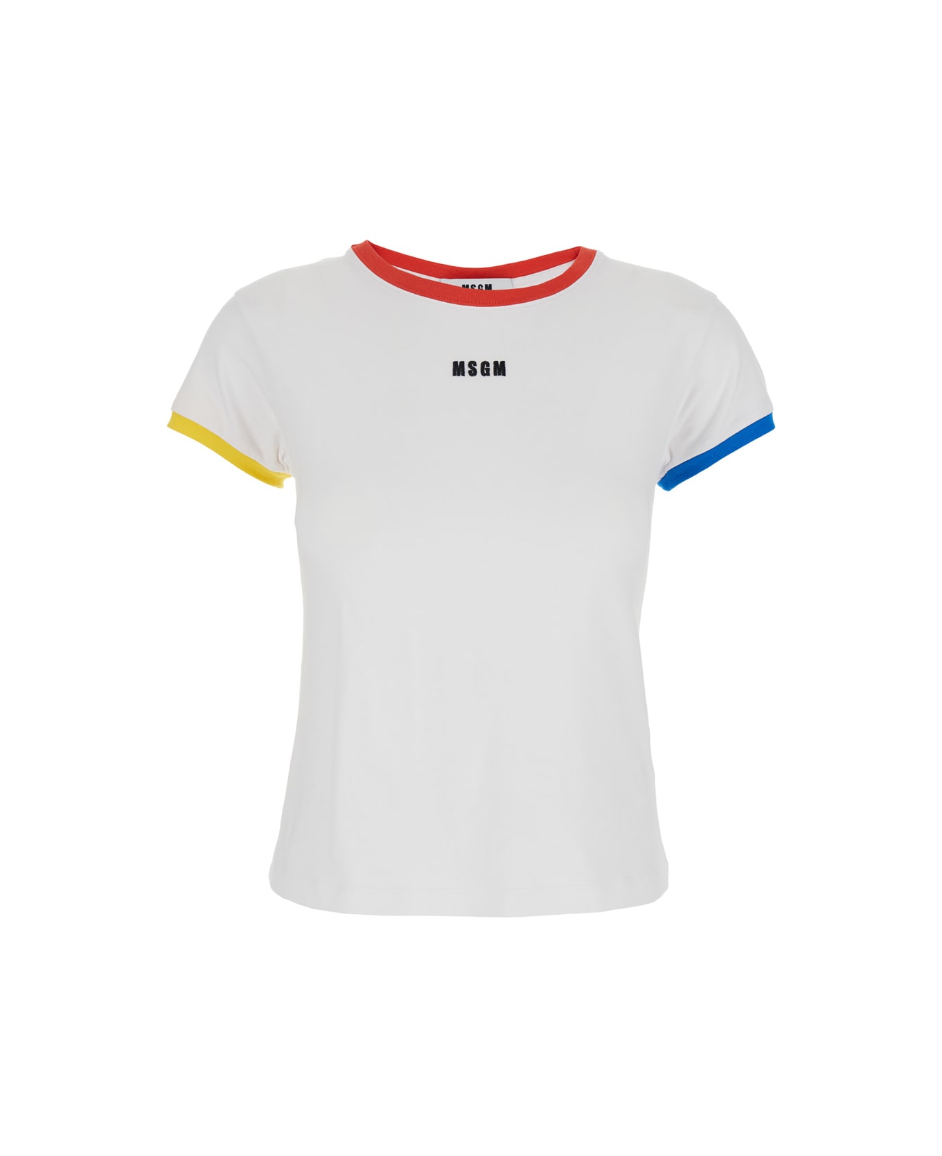 MSGM White T-shirt With Embroidered Logo On The Front And Contrasting Edges In Cotton Woman - White