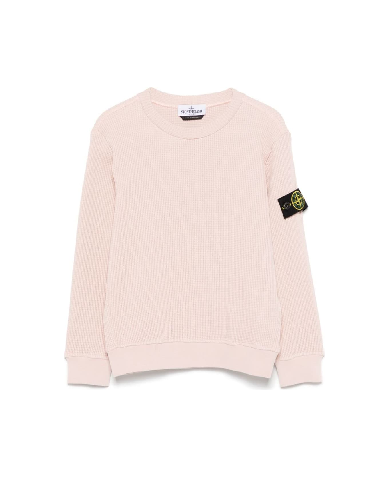 Stone Island Junior Pink Crewneck Sweatshirt With Logo Patch On The Sleeve In Cotton Boy - Pink