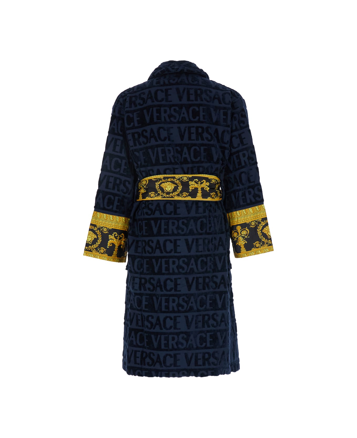 Versace 
baroque
 Blue Bathrobe With All-over Logo Print In Cotton Home - Blu