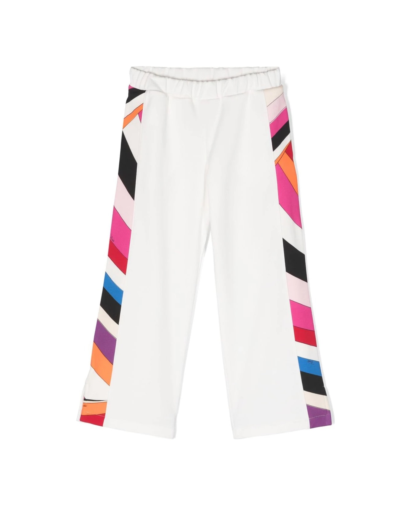 Pucci Straight White Joggers With Purple/multicoloured Iride Print On Sides - White