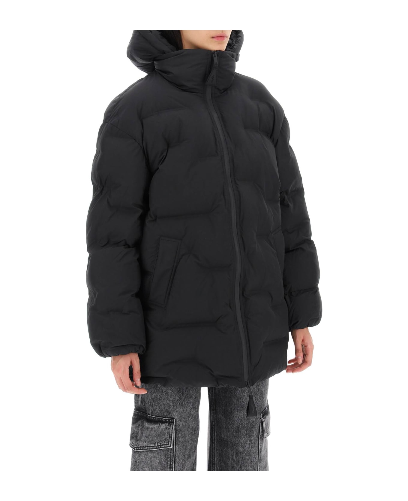 Ganni Midi Puffer Jacket With Detachable Hood - BLACK